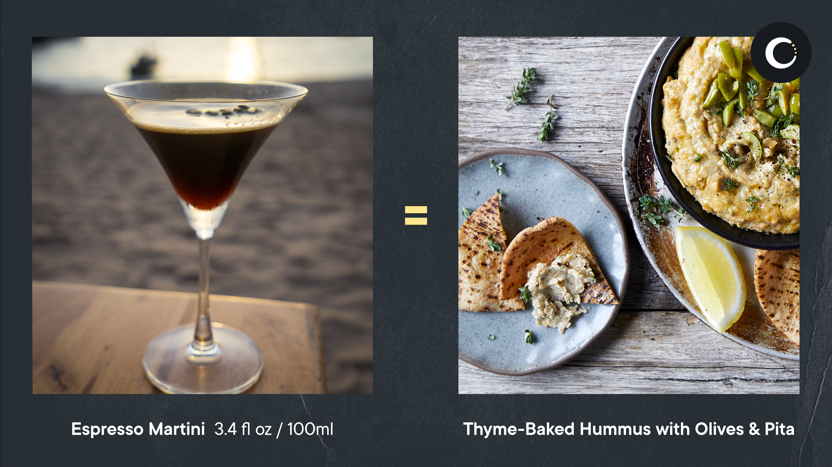 An espresso martini cocktail contains roughly the same amount of calories as a few scoops of hummus with pita bread.
