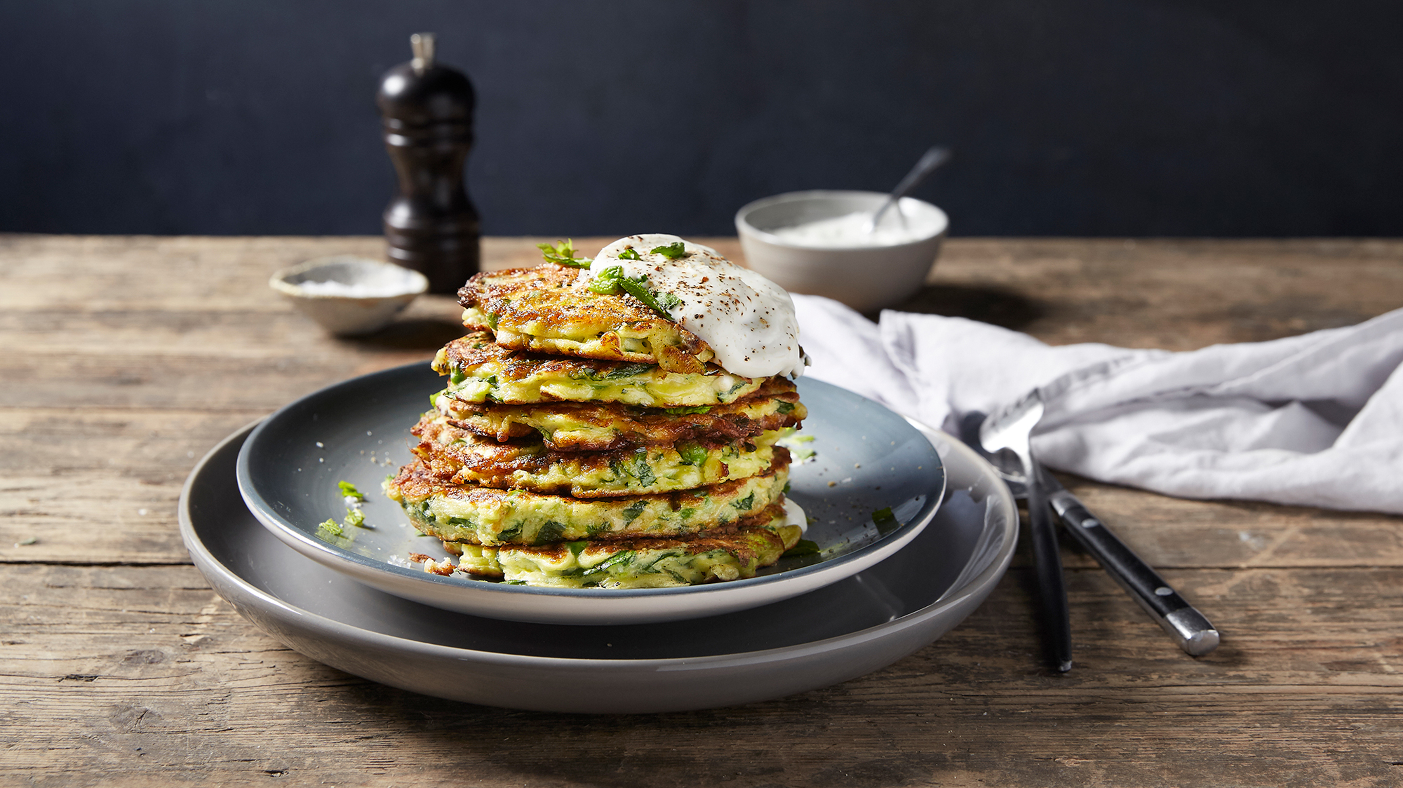 Zucchini, Pea & Mint Fritters with Feta