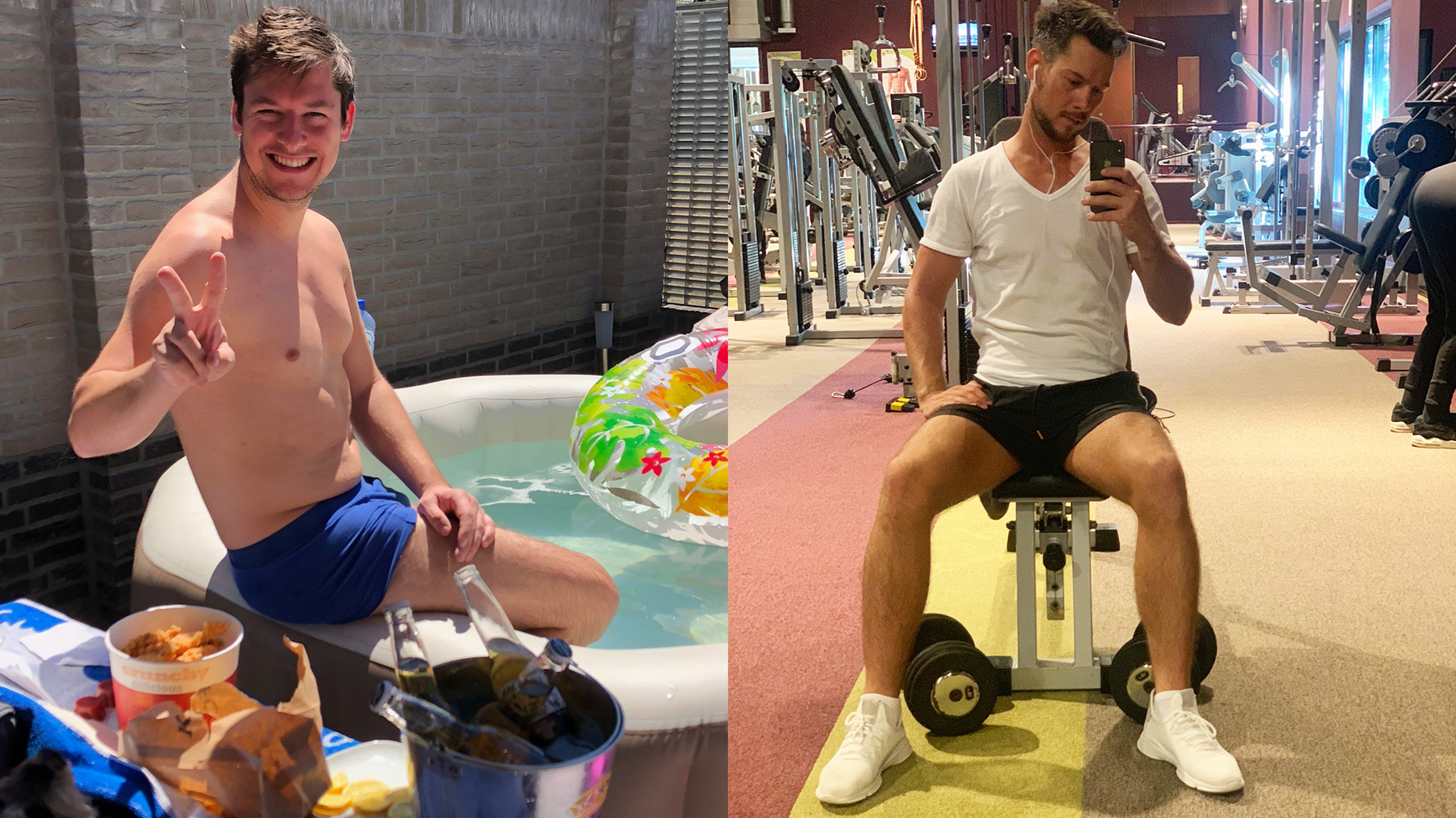Before and after progress photos of Centr member Robert. In the 'before' he is hunched over and in the 'after' he looks confident in the gym.