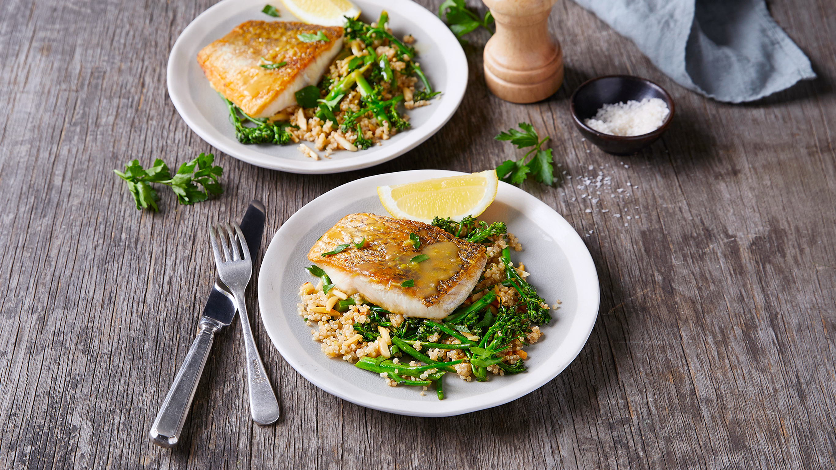 A high-protein dinner like Centr's Lemon & Garlic Fish with Broccolini Quinoa can help you to sleep easier.