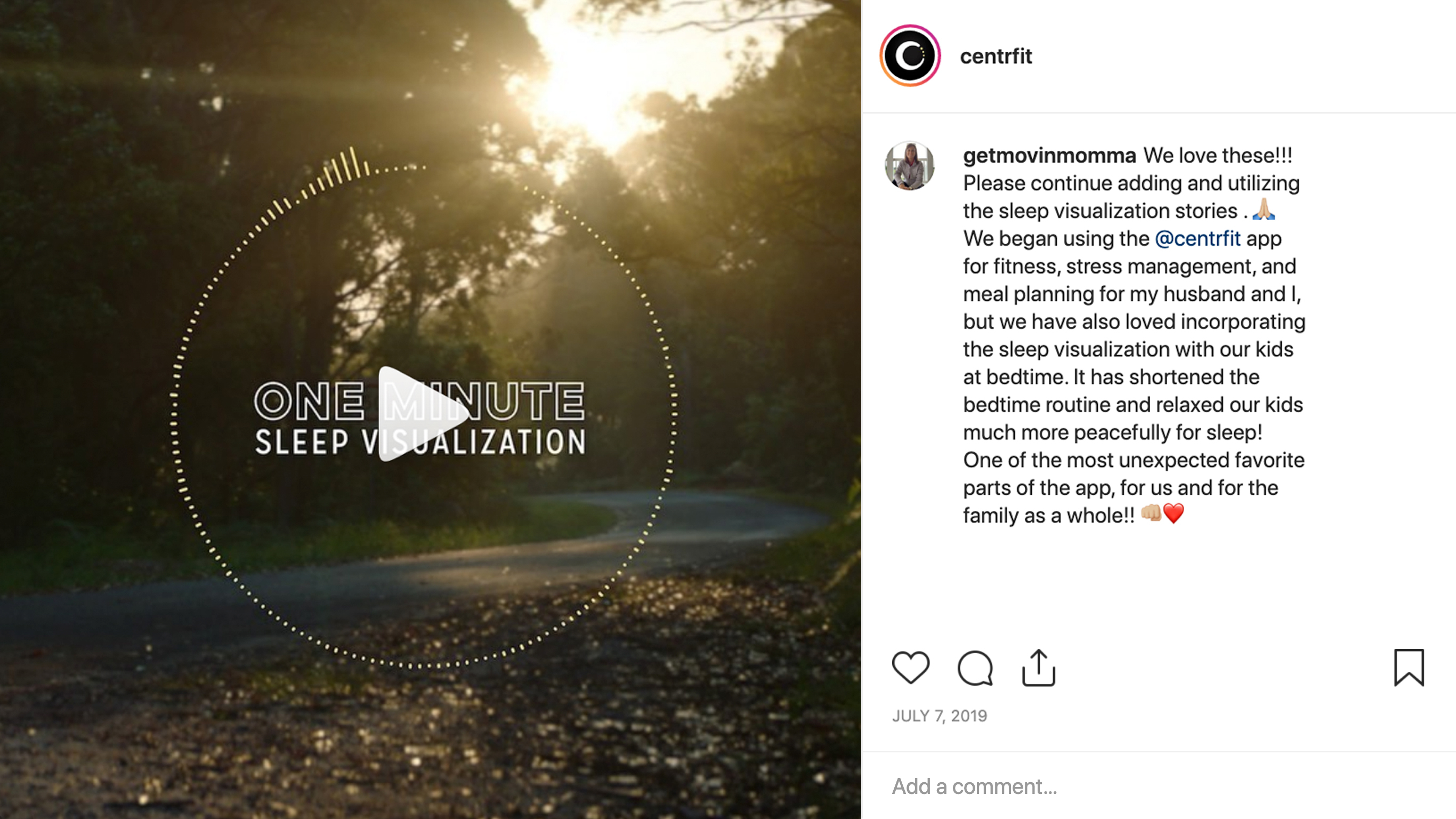 An Instagram post from a Centr member describing how they use sleep visualizations on the app for their kids.
