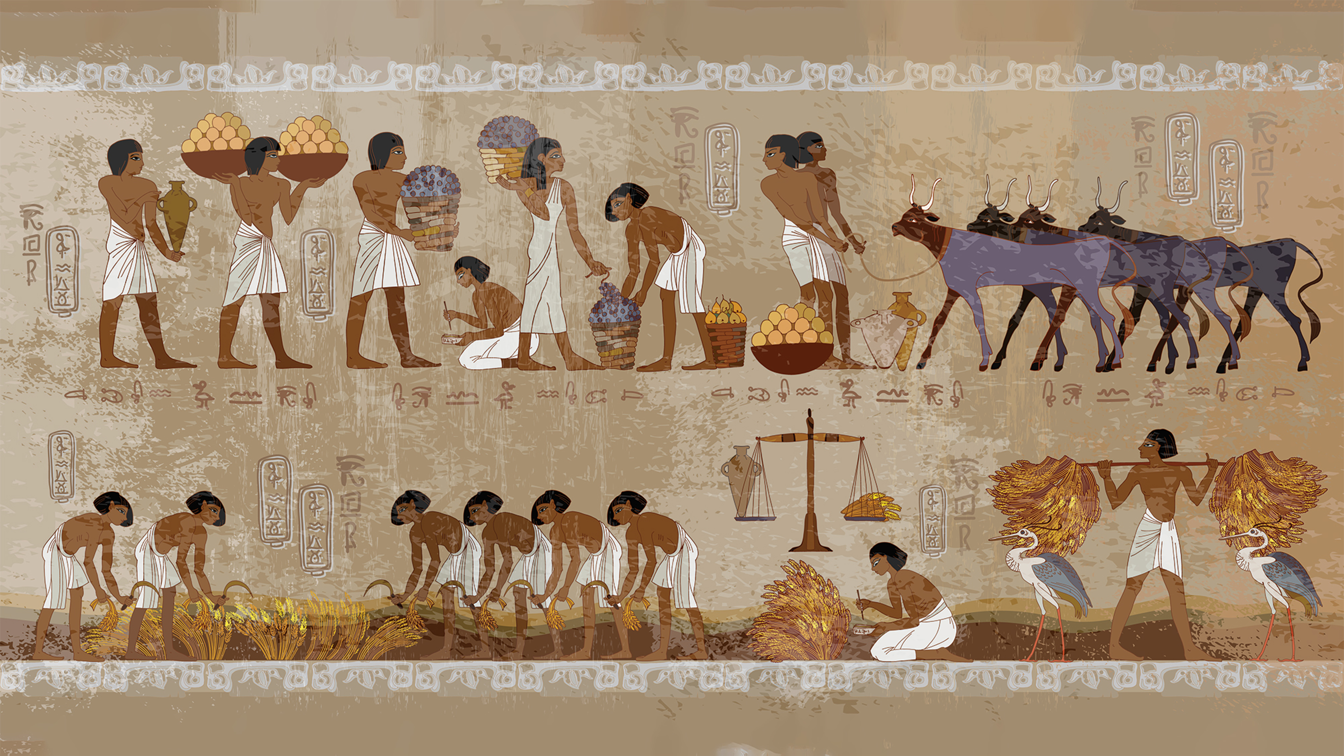 An ancient Egyptian painting that shows people with loaves of bread.