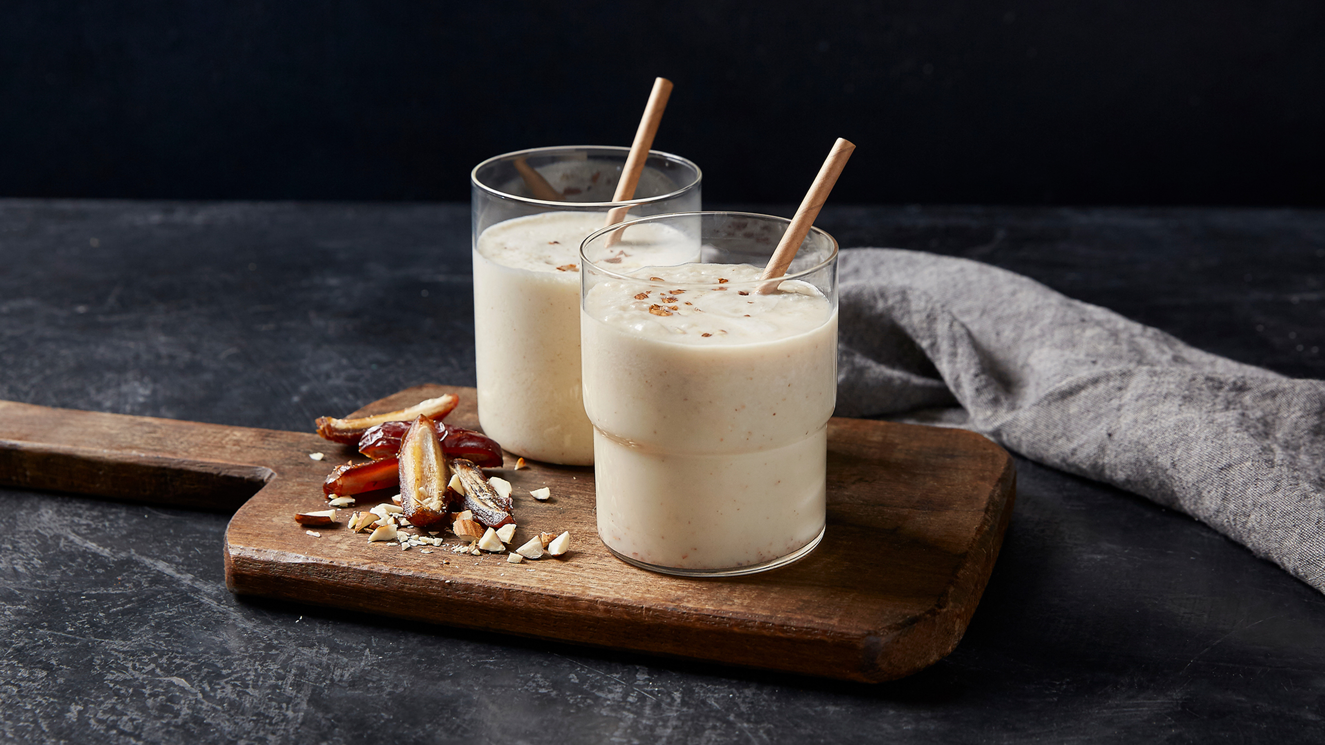 The Almond, Date & Banana Snack Smoothie from the Centr meal plan. High-protein smoothies can assist with muscle recovery.