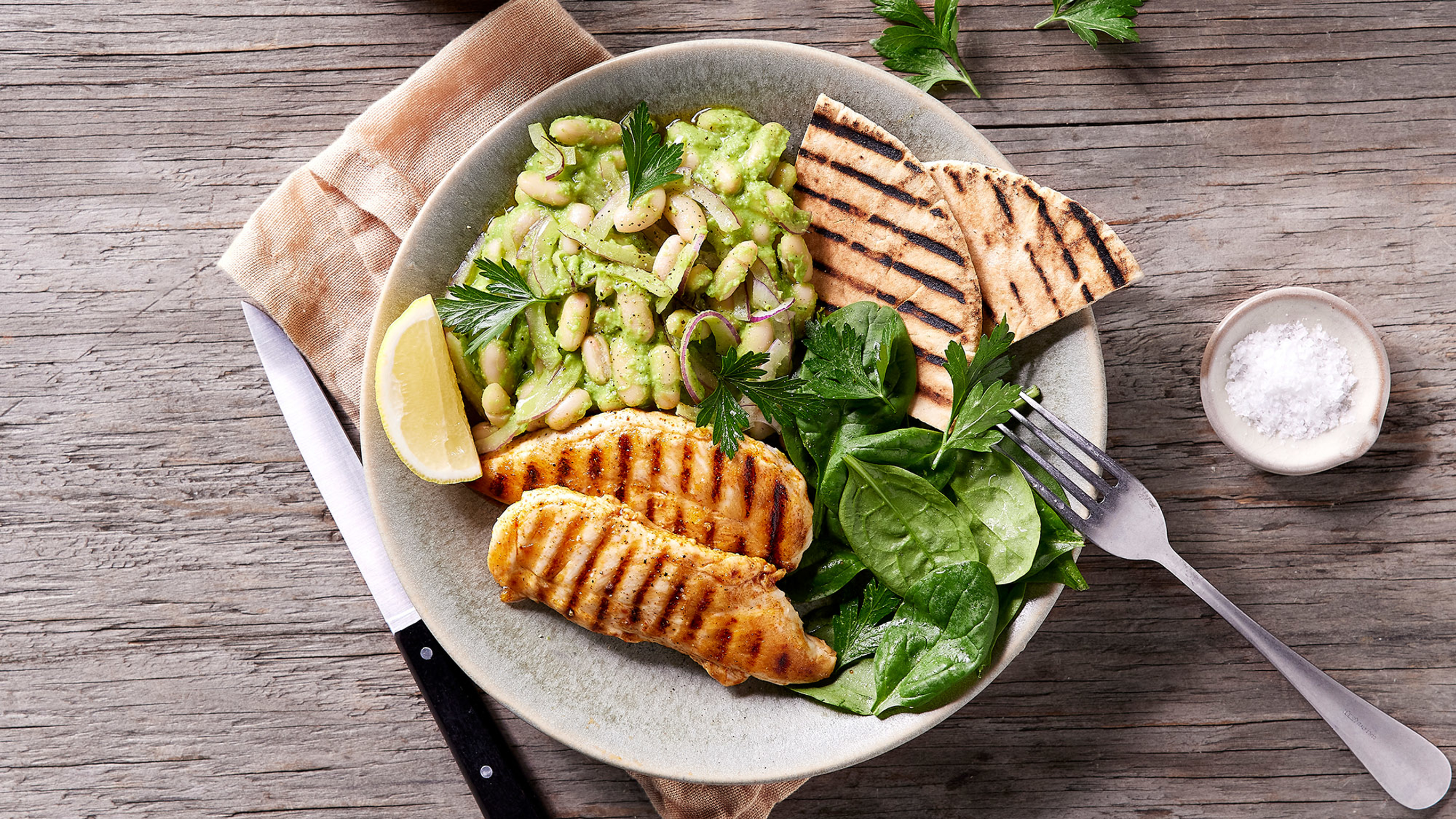 Grilled Chicken with Herby White Bean Salad