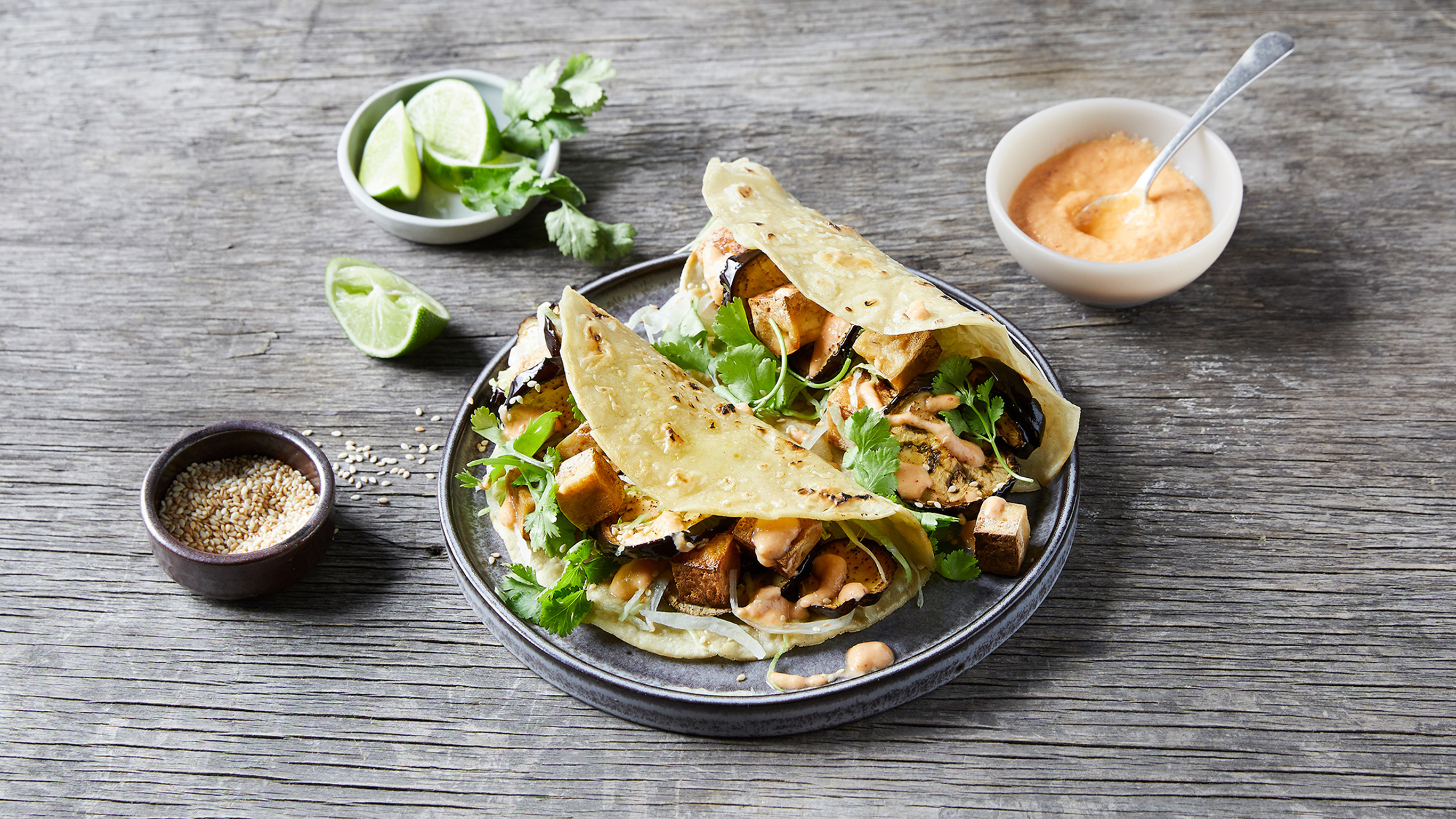 Eggplant & Tofu Tacos with Kimchi Cream