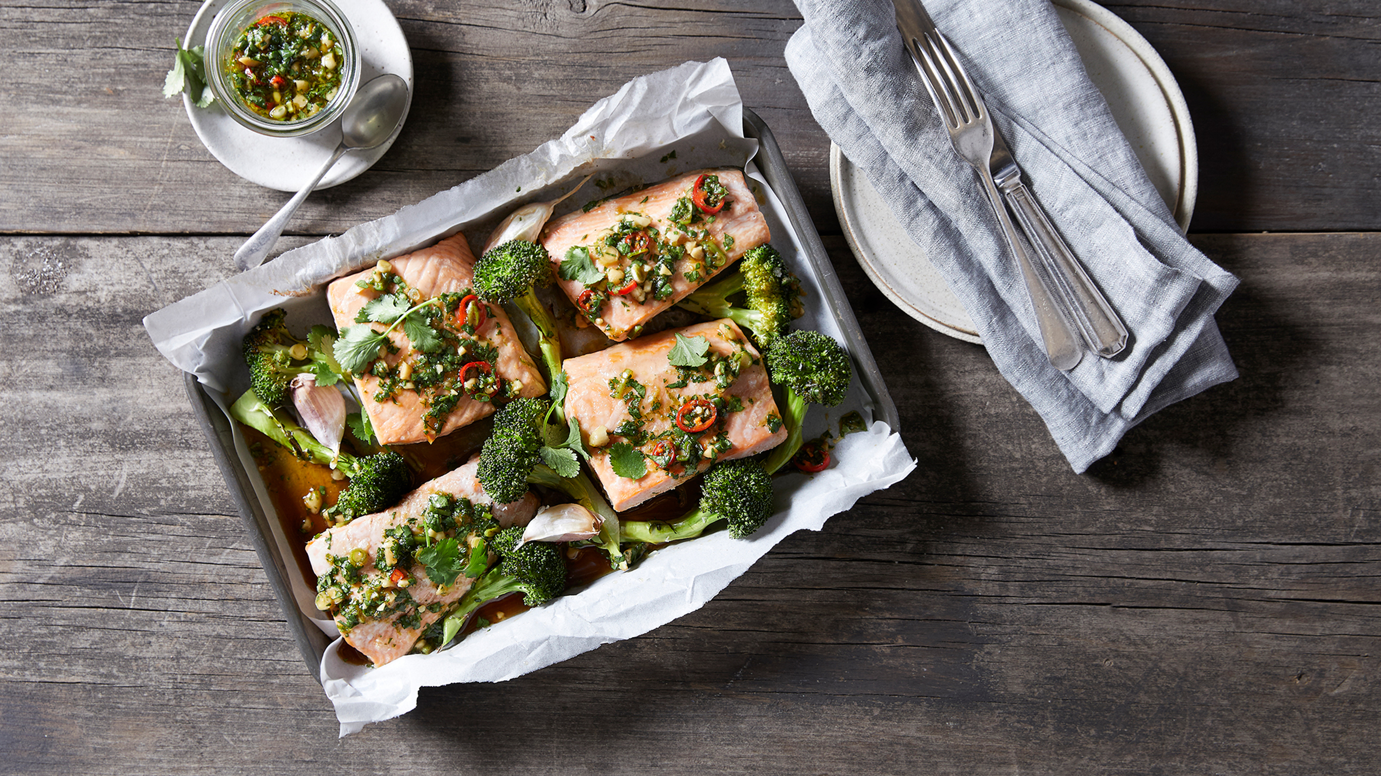 Sheet-pan Salmon & Broccoli with Ginger, Lime & Peanuts