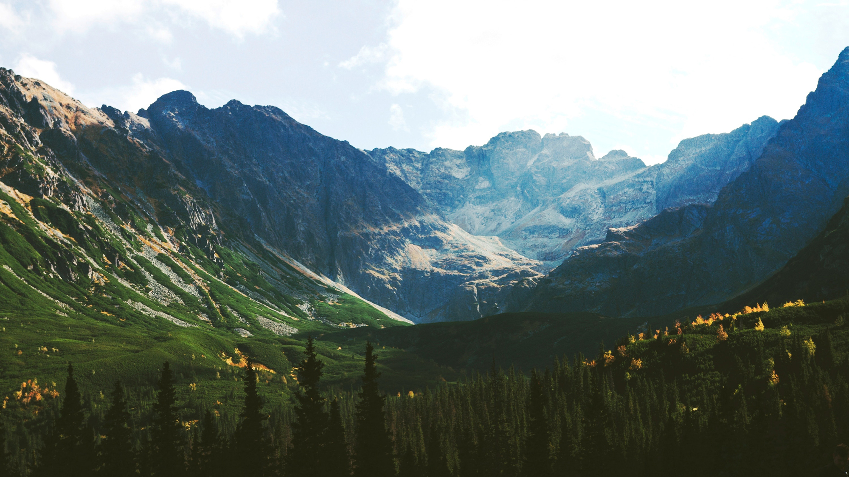 A calming alpine valley landscape, with snow-topped mountains and yellow, sunlit trees in the fields below.