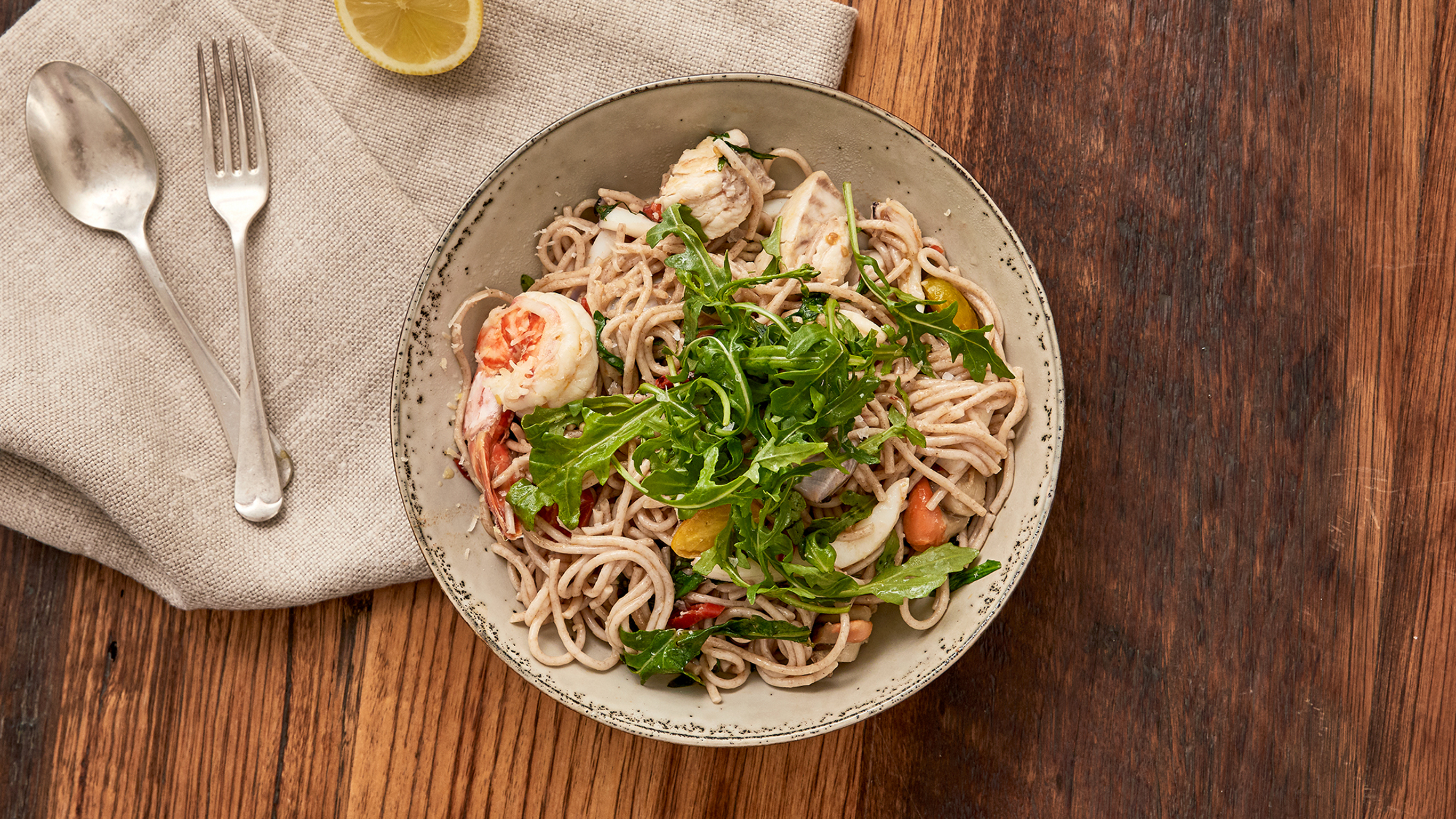 Spelt Spaghetti with Seafood