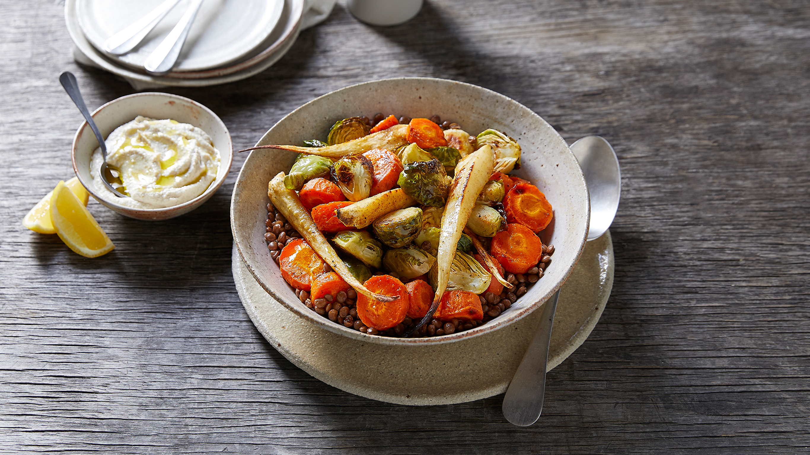 Roast vegetable salad with parsnip, brussels sprouts and cashew dressing.