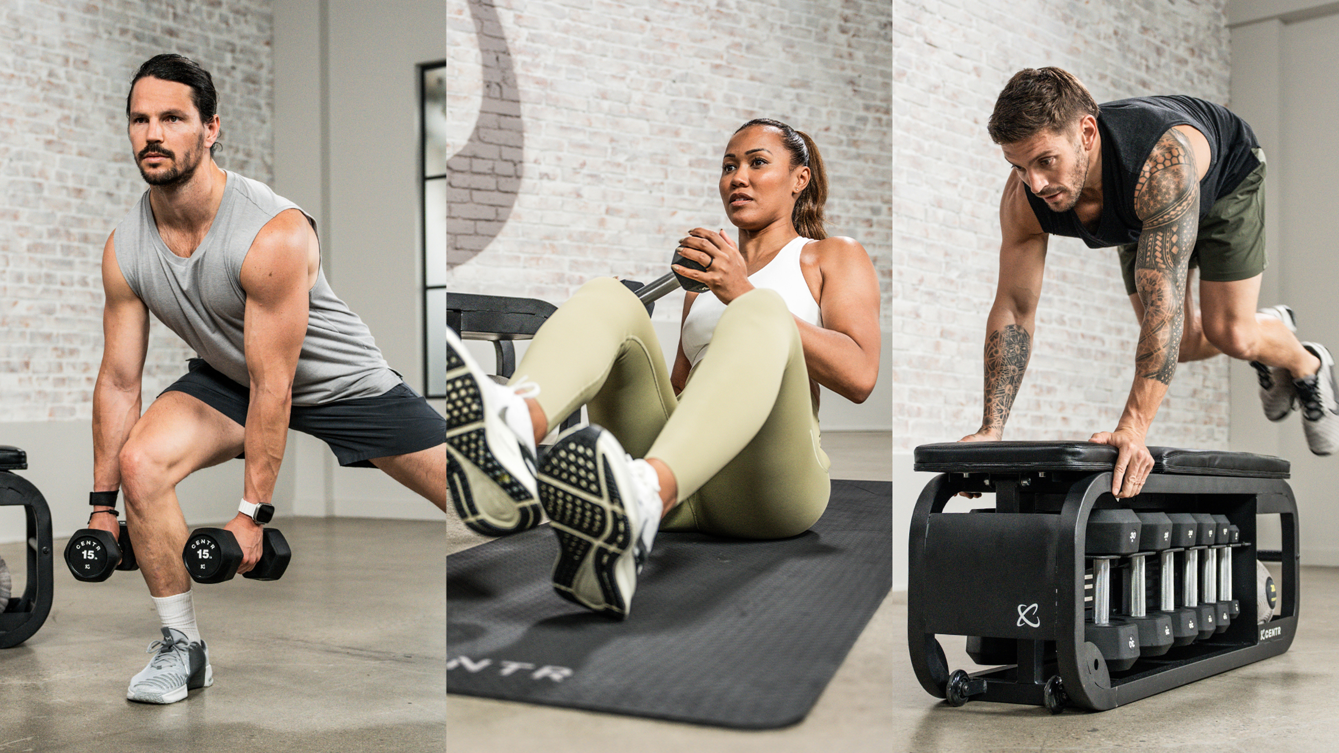 Composite image of 3 Centr trainers  Luke Zocchi, Dan Churchill and Maricris Lapaix performing exercises from the Circuit Strength program.