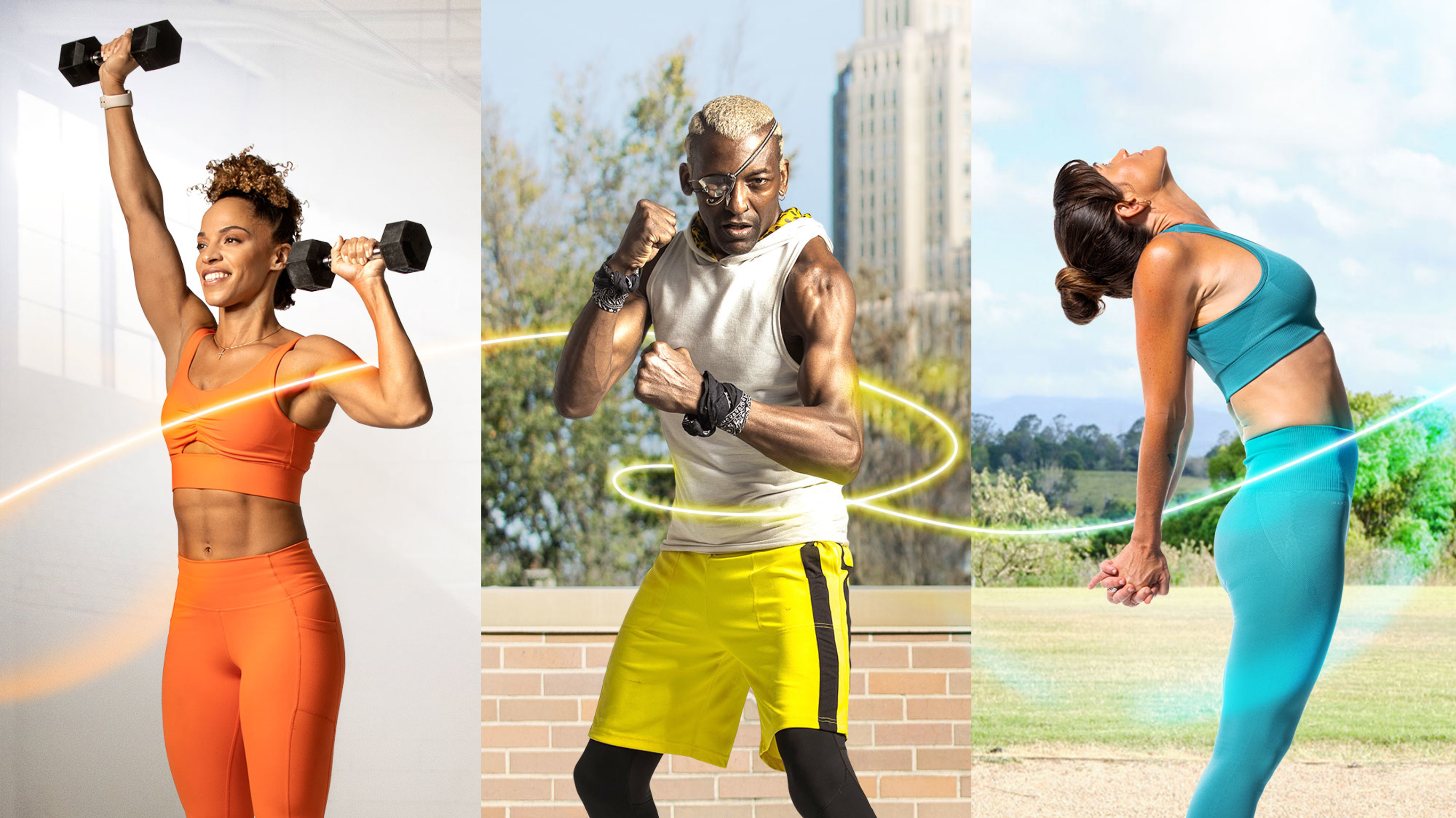 Centr Fusion strength trainer Ashley Joi, BoxHIIT trainer Michael Olajide Jr. and PowerFlow yoga teacher Tahl Rinsky.