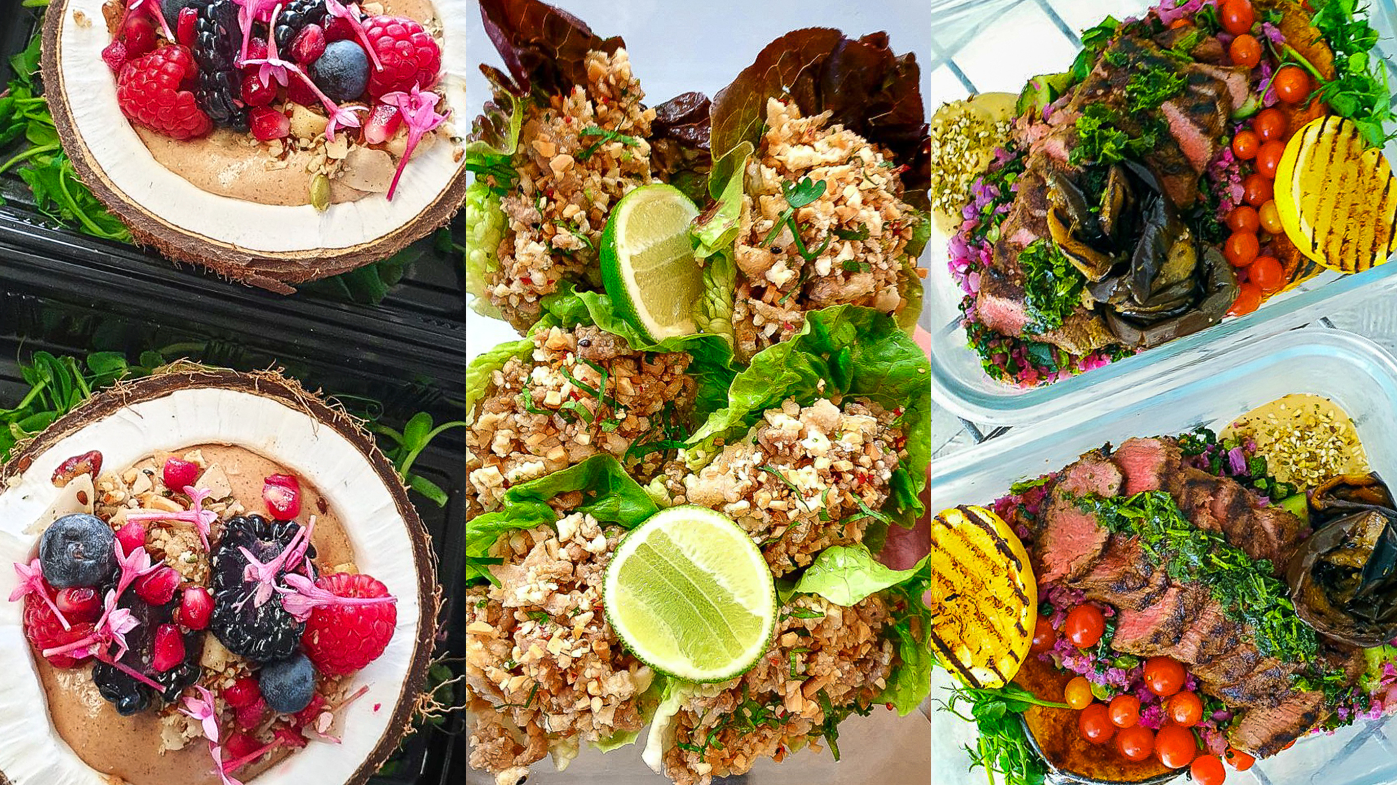 A triptych image with a smoothie bowl, chicken lettuce cups and a steak salad.