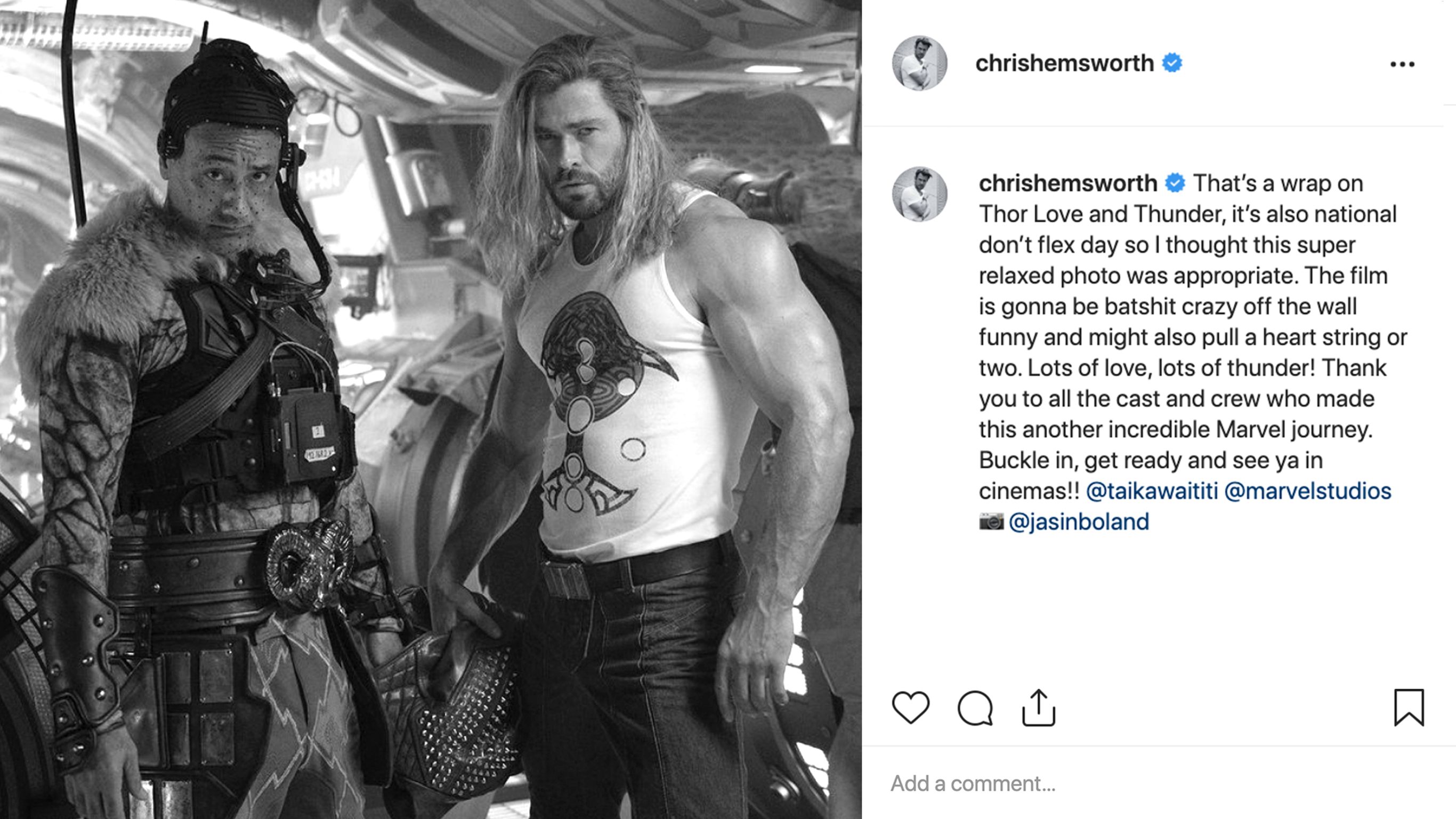 An Instagram image of Chris Hemsworth in character as Thor with director Taika Waititi.