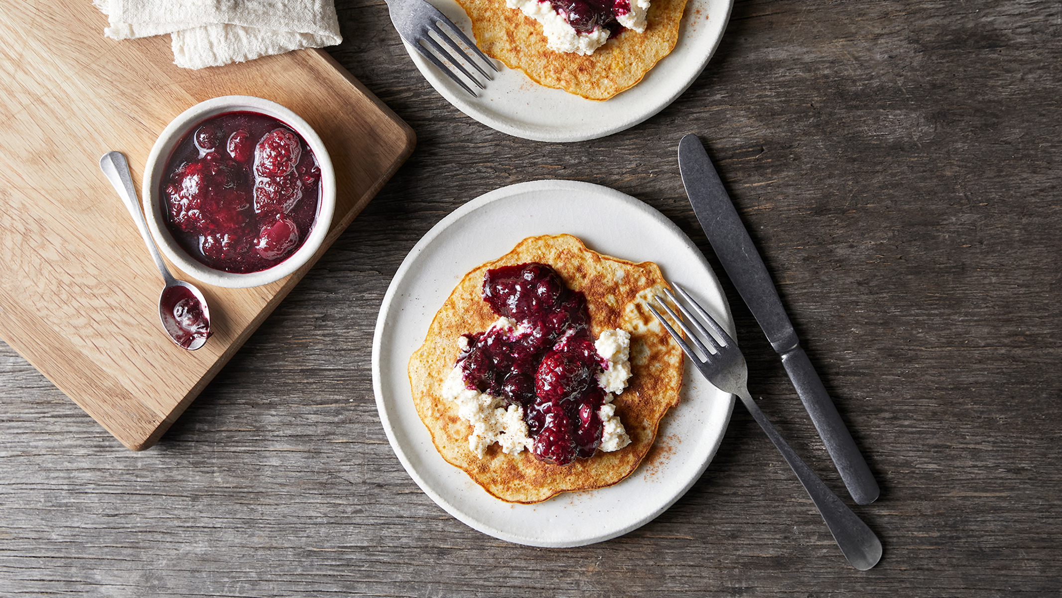 2-ingredient Banana Pancakes with Ricotta & Easy Berry Sauce