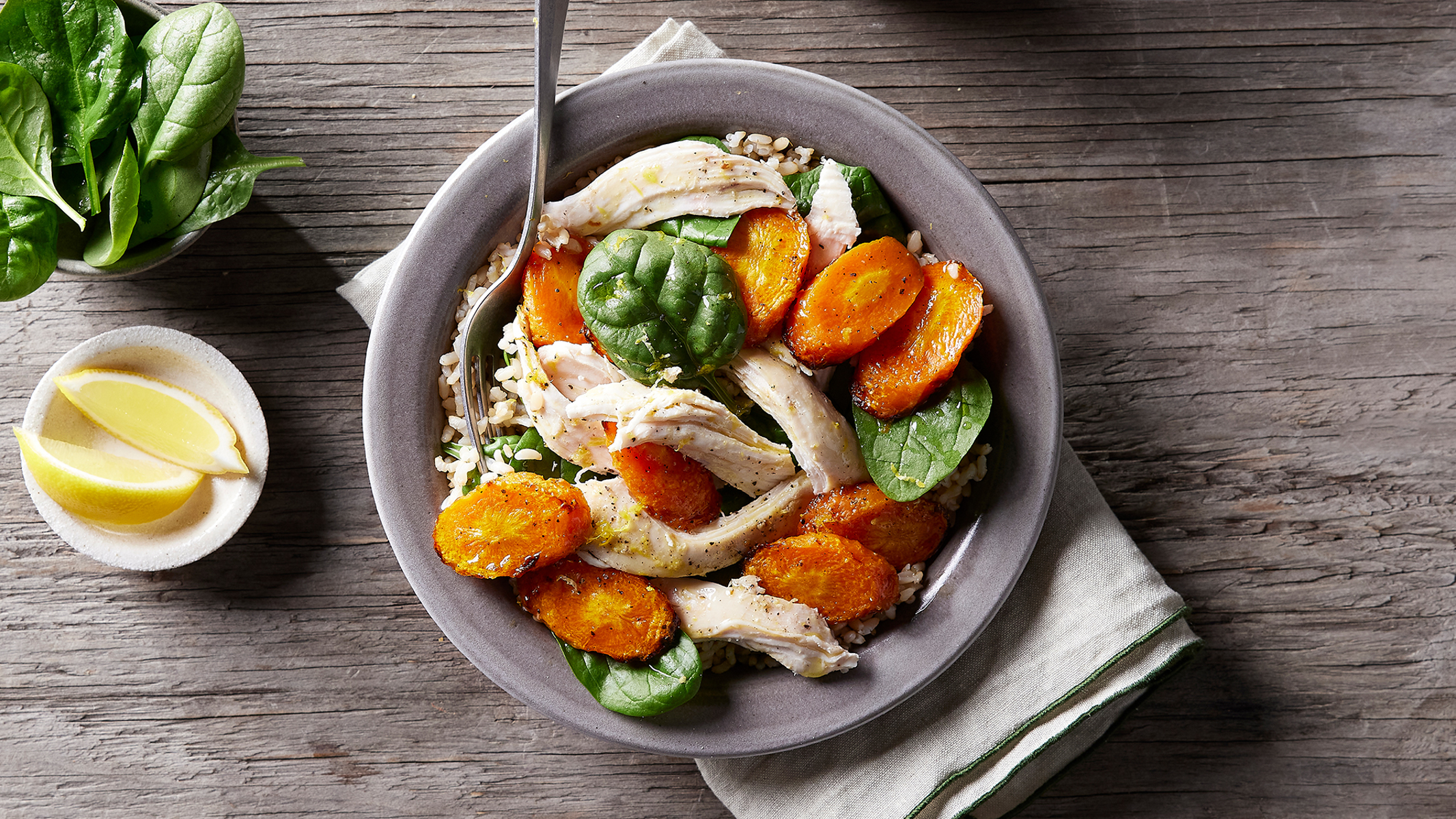 5-ingredient Pulled Chicken & Rice Bowl with Roasted Carrots