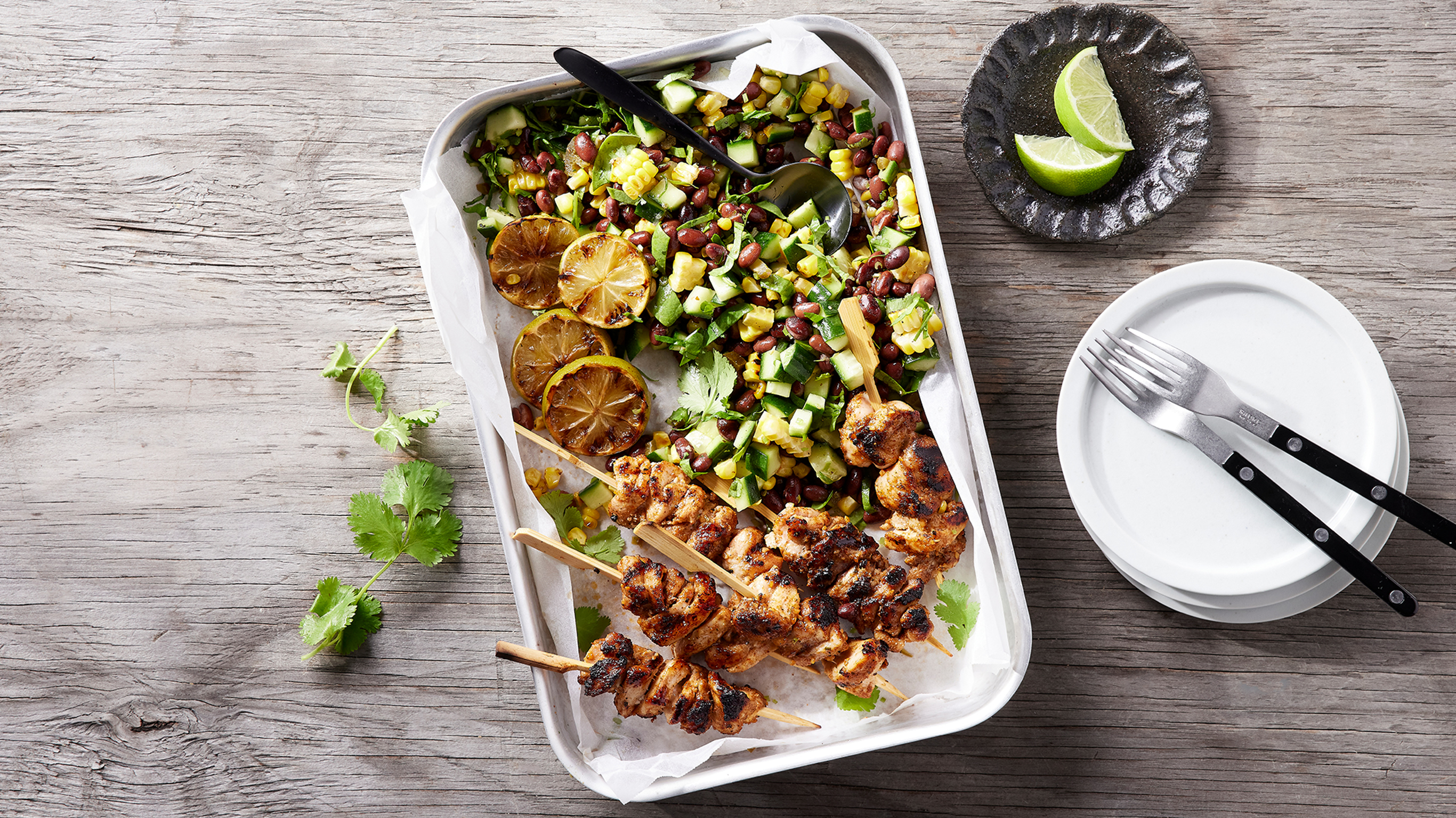 Chicken Skewers with Black Bean & Charred Corn Salsa