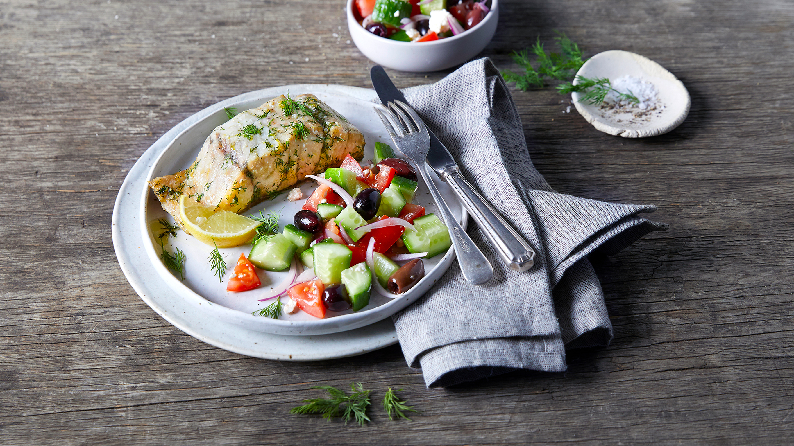 Lemon Dill Fish with Greek Salad from the Centr meal plan.