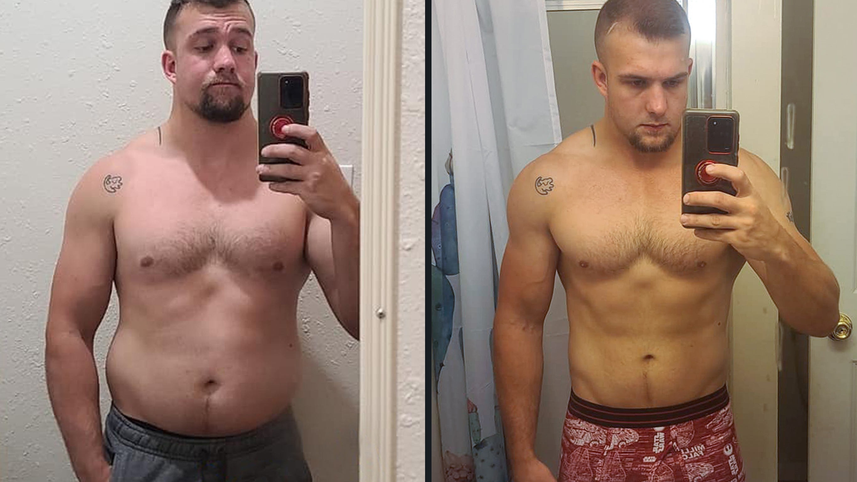 These before-and-after images show that Alexander dropped fat and added lean mass with Centr Power.