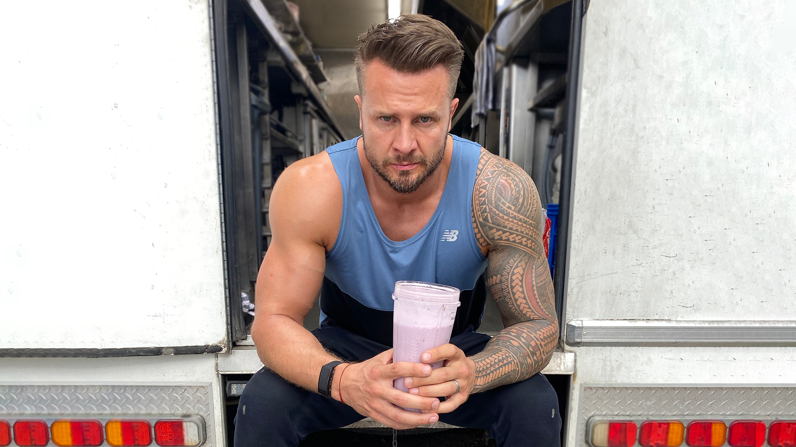 Chris Hemsworth’s stuntman Bobby Holland Hanton drinks a muscle-building smoothie on set.
