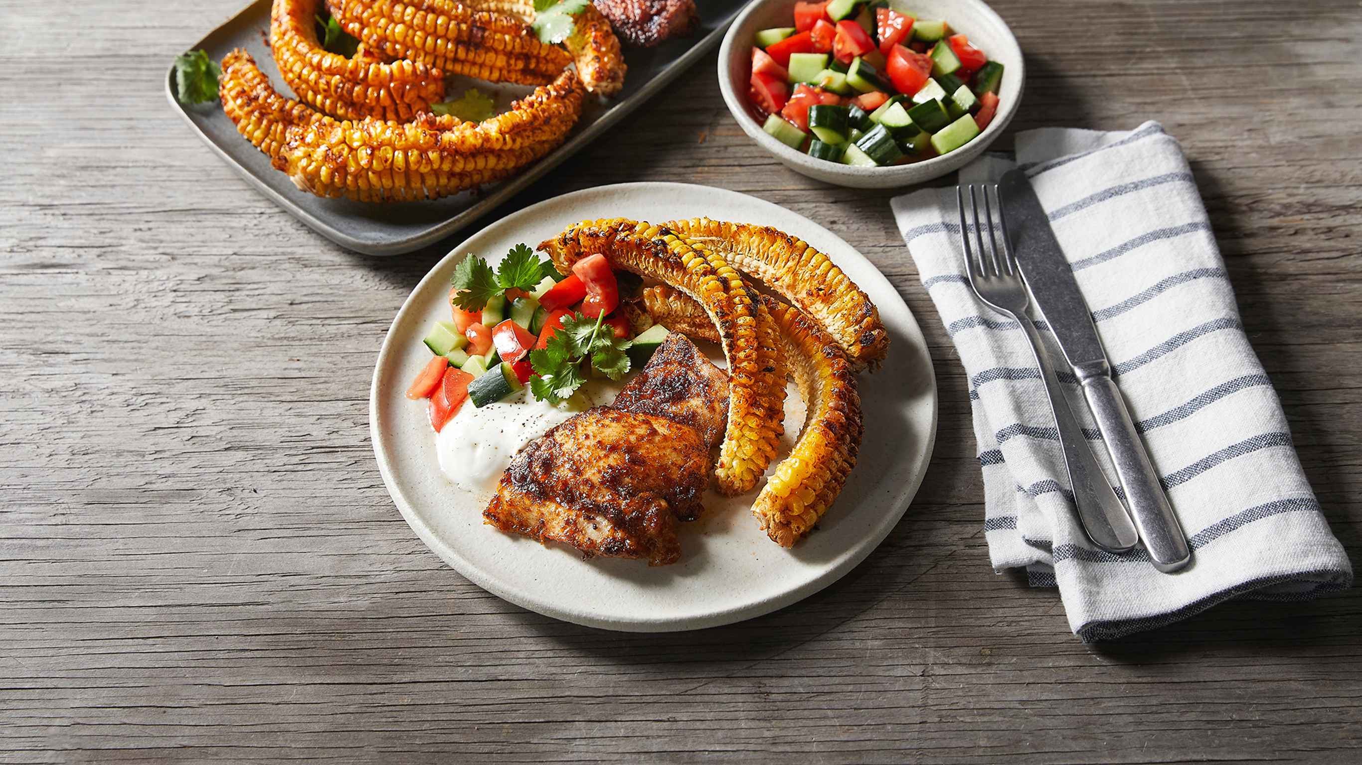 Grilled Chicken with Spicy Corn Ribs