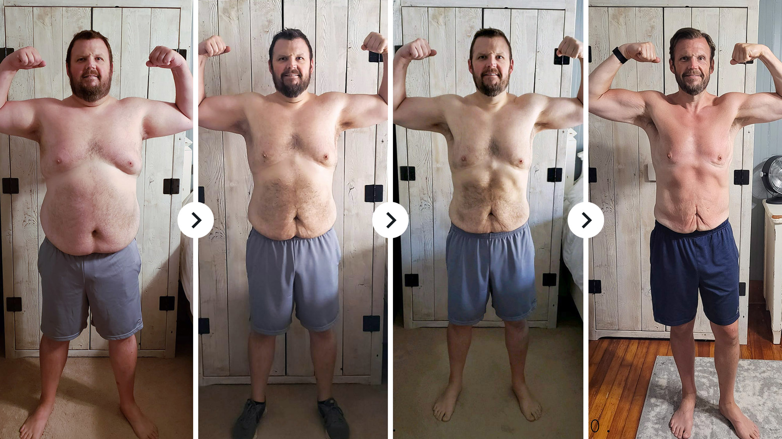 The progression of Centr member Eric Hall's body transformation is shown across four pictures.