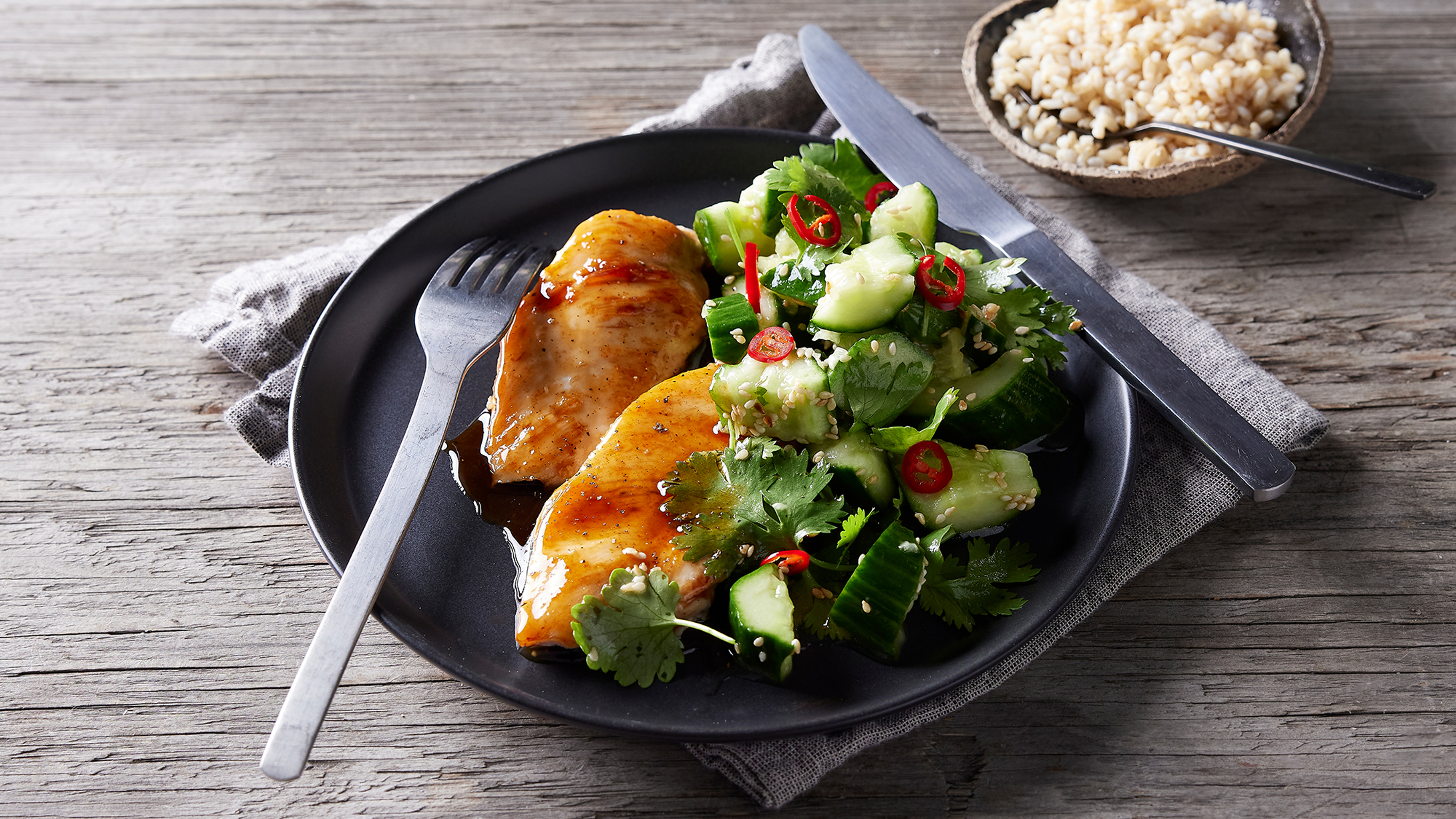 Honey Soy-glazed Chicken with Smashed Cucumber Salad