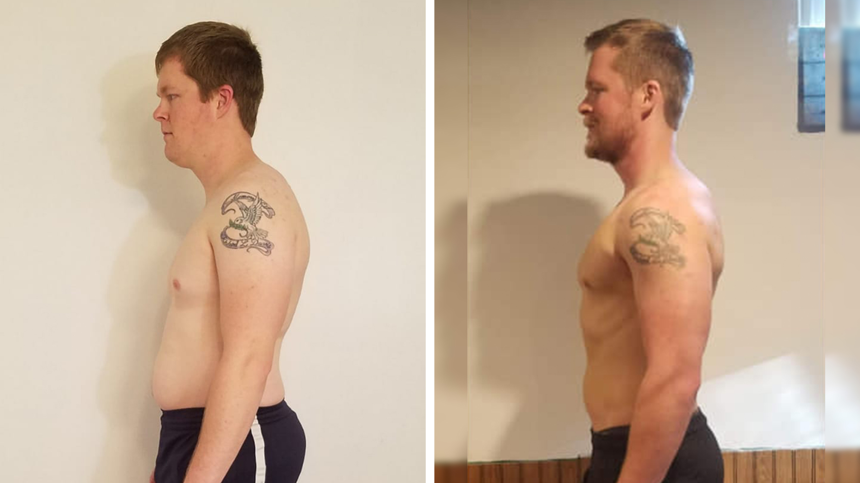 Shirtless before and after pictures of Centr member Mark Haverland that show how his posture has improved and straightened over 18 months.