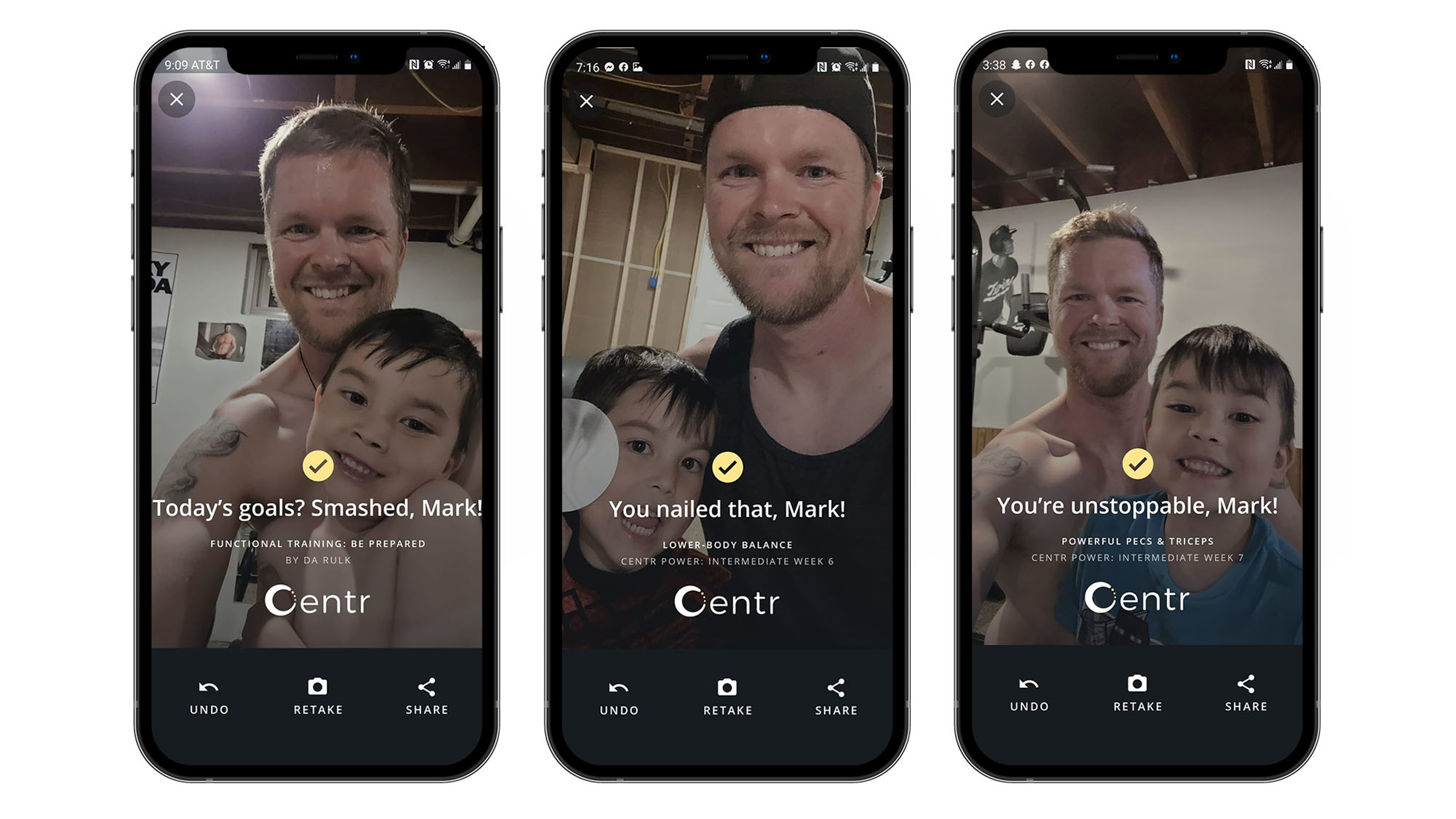 Screenshots of the encouragement messages Mark Haverland received from the Centr app on completing his workouts, including ‘You’re unstoppable, Mark!’