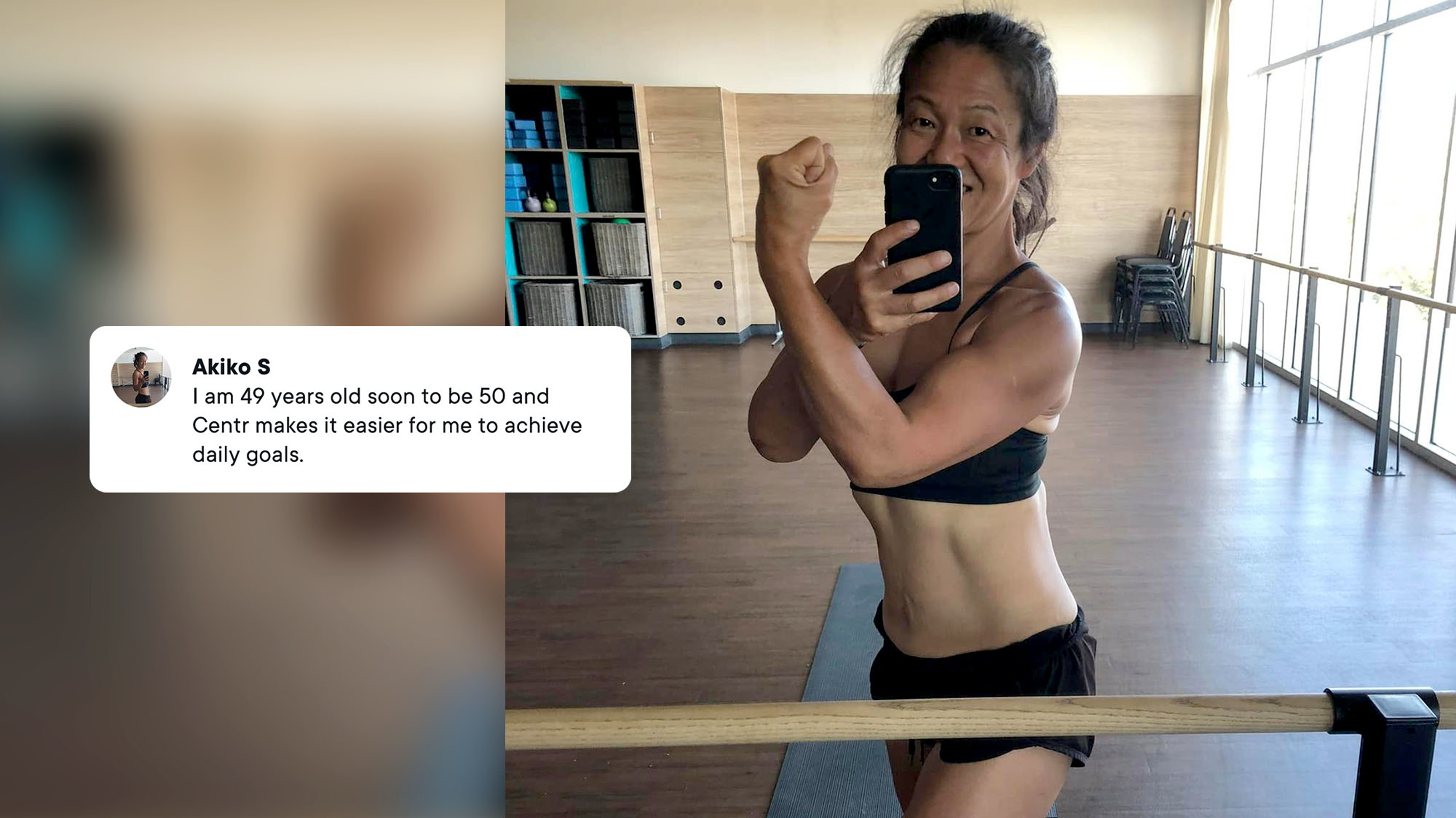 Centr member Akiko S. flexes her bicep in a mirror selfie. Akiko is in her late 40s, but has maintained a strong physique by performing Centr workouts, and looks happy and healthy.