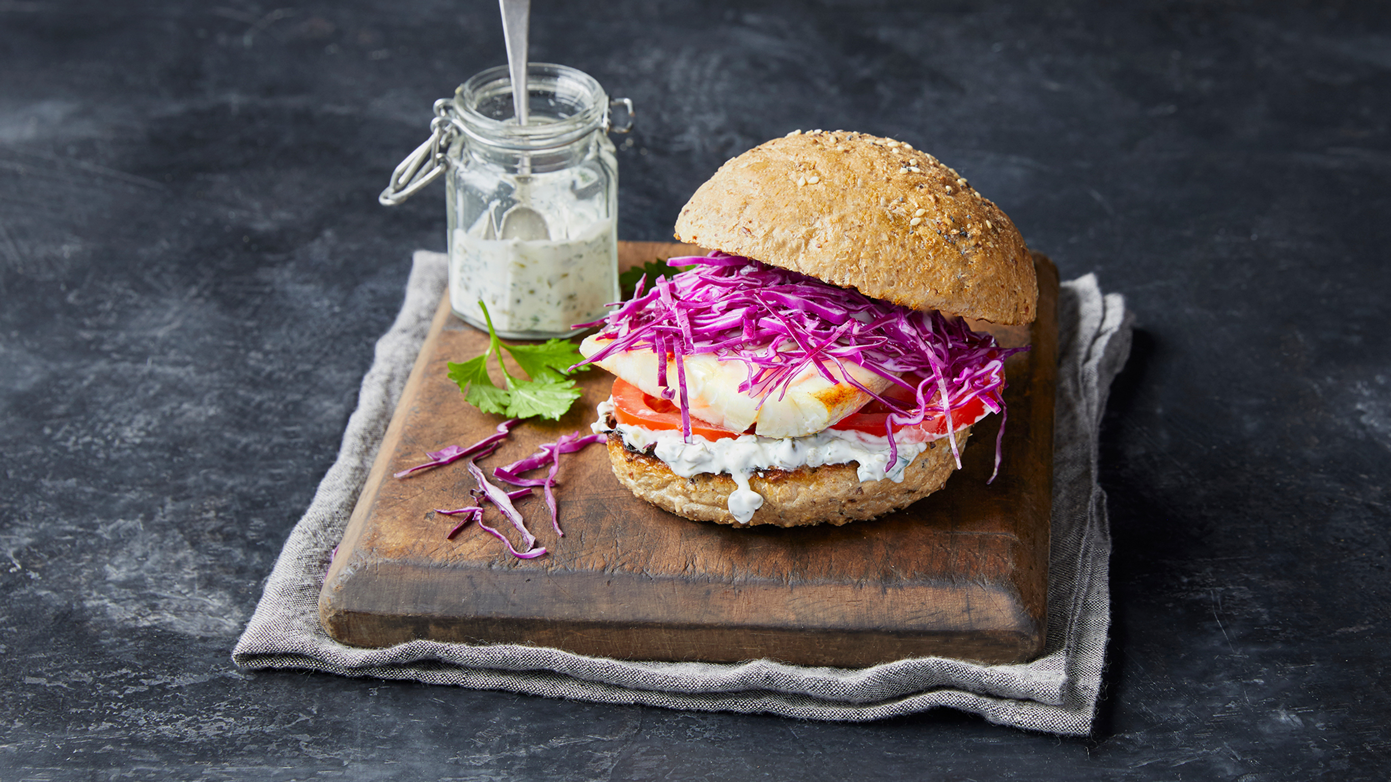 Fish Burger with Yogurt Tartare Sauce