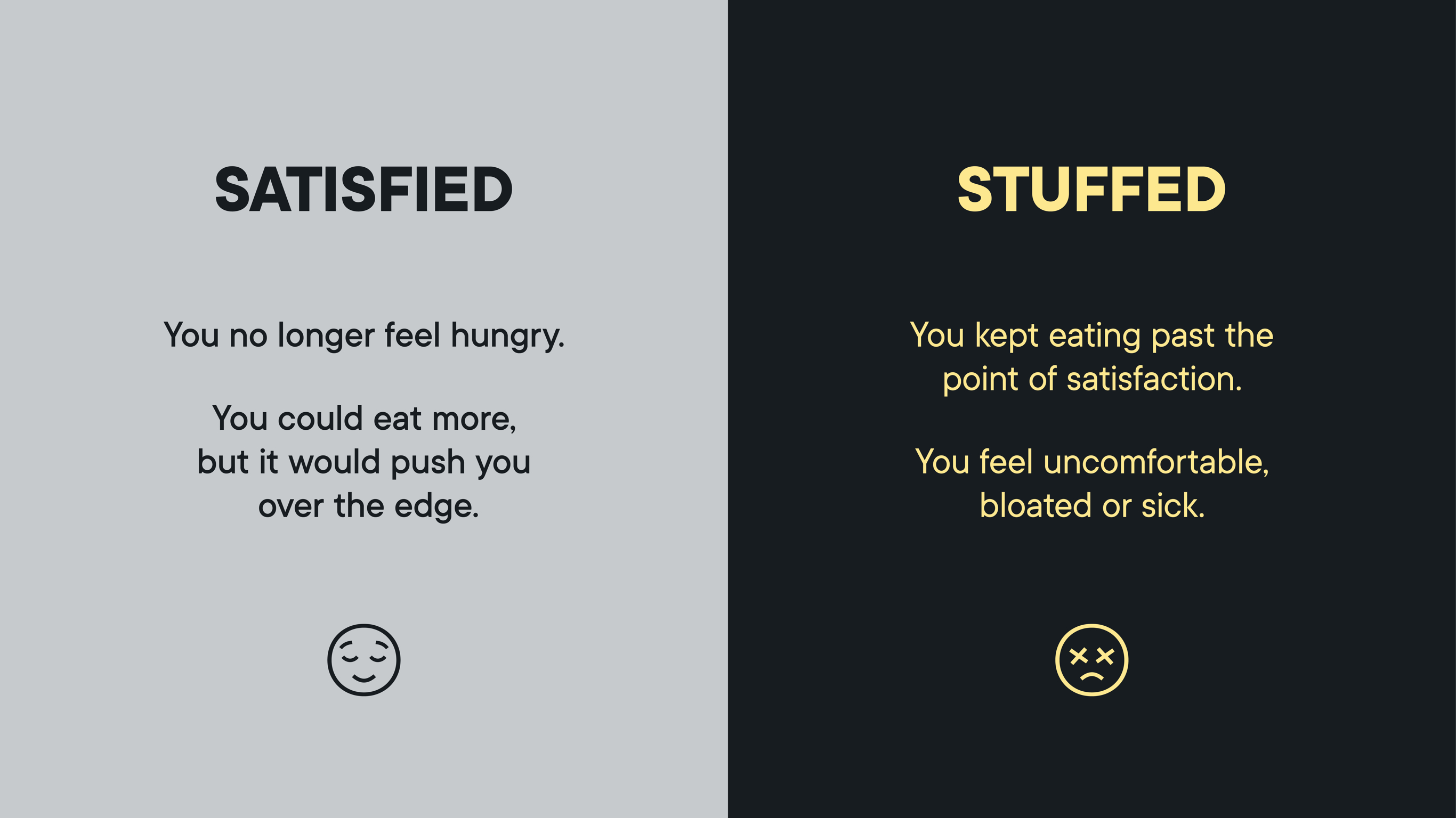Definitions of ‘Satisfied’ vs ‘Stuffed’ from dietitian Angie Asche. Satisfied means you no longer feel hungry and while you could eat more, it would push you over the edge. Stuffed means you kept eating past the point of satisfaction and you feel uncomfortable, bloated or sick.