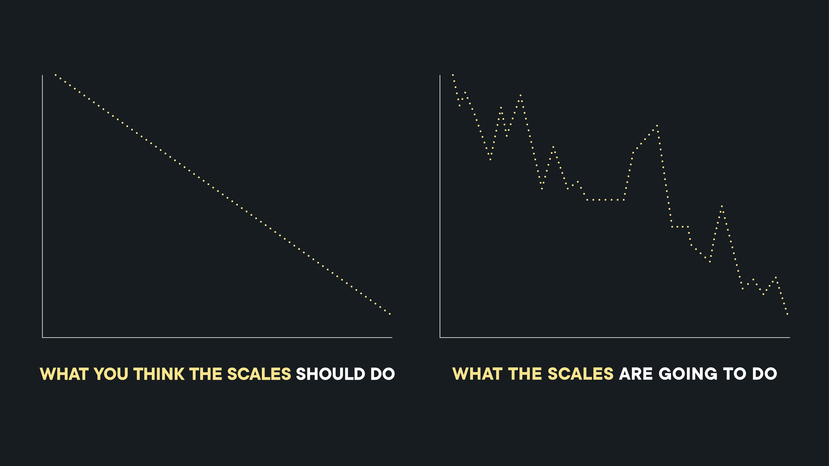 Two graphs, the first showing the straight line down you expect when losing weight, versus the second, showing the peaks and troughs of a real weight loss journey.