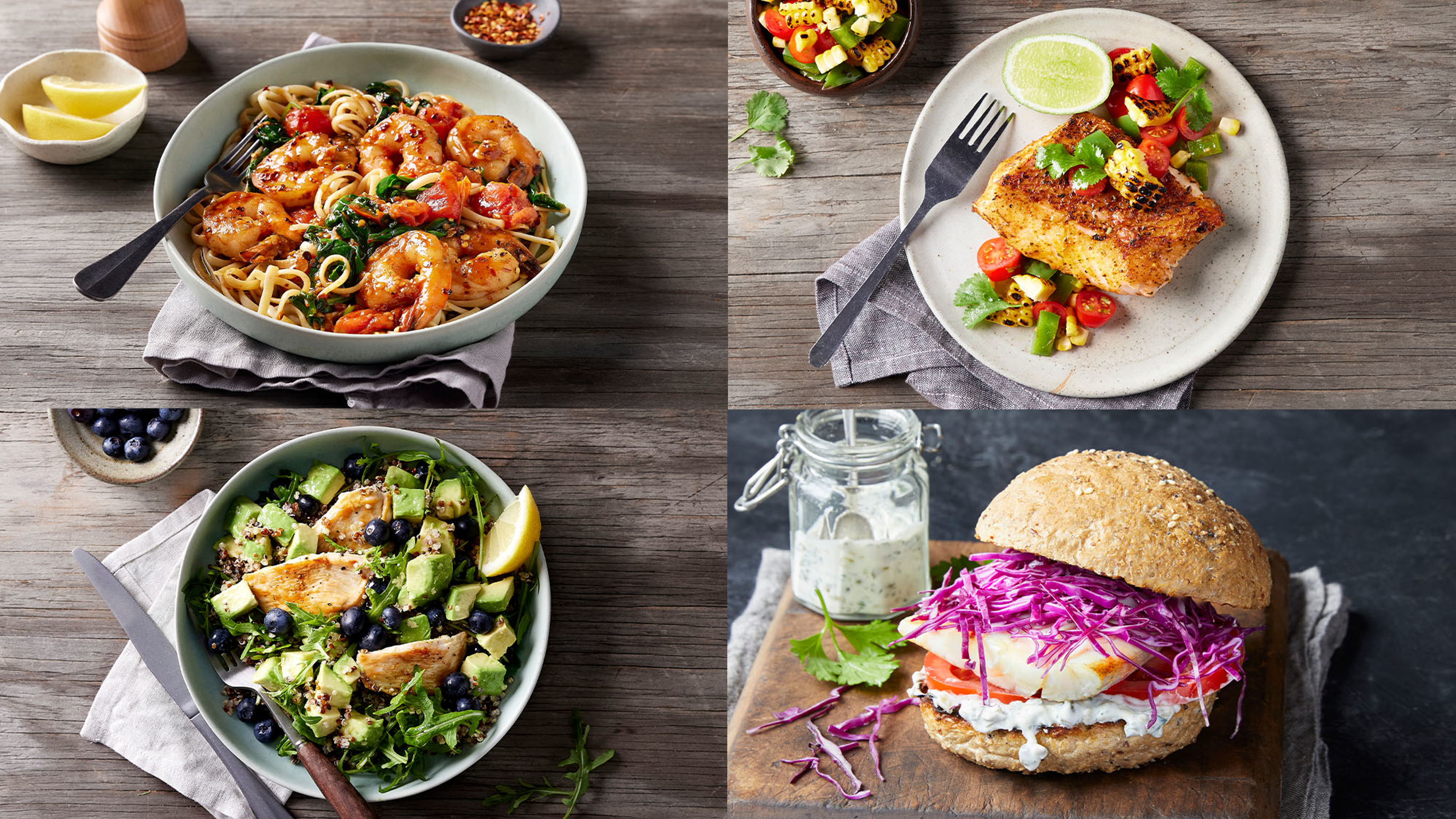 A 4-image collage showing some of the meals contained in Centr's collection of ultra-fast high-protein dinners.