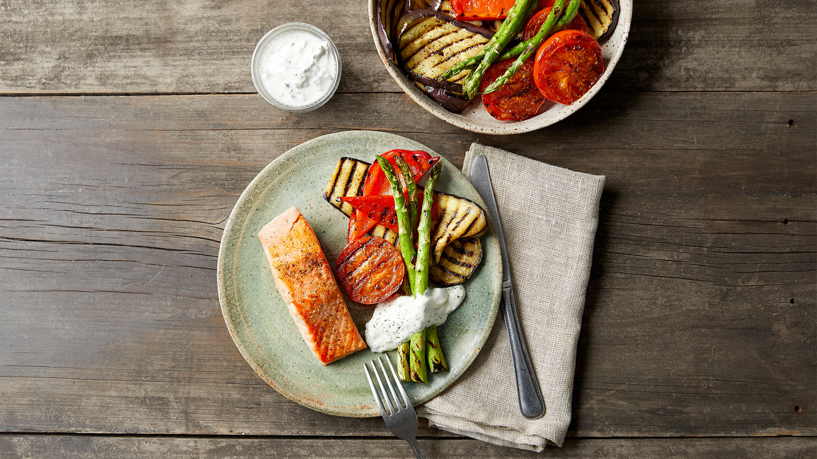 Seared Salmon with BBQ Veg & Mint Yoghurt from Centr's meal plan.