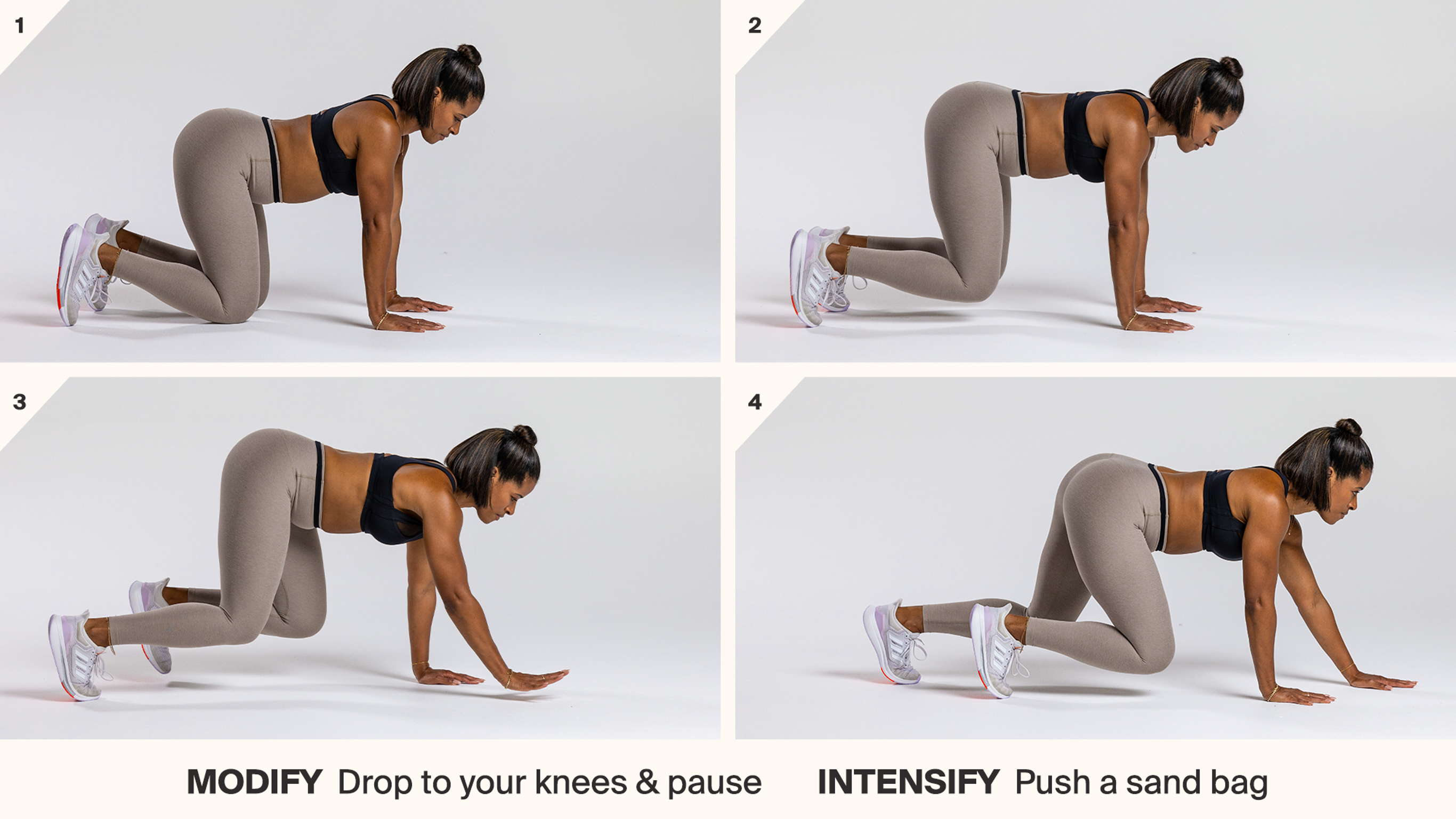 Centr trainer Ingrid Clay demonstrates the bear crawl functional exercise in a tiled image.
