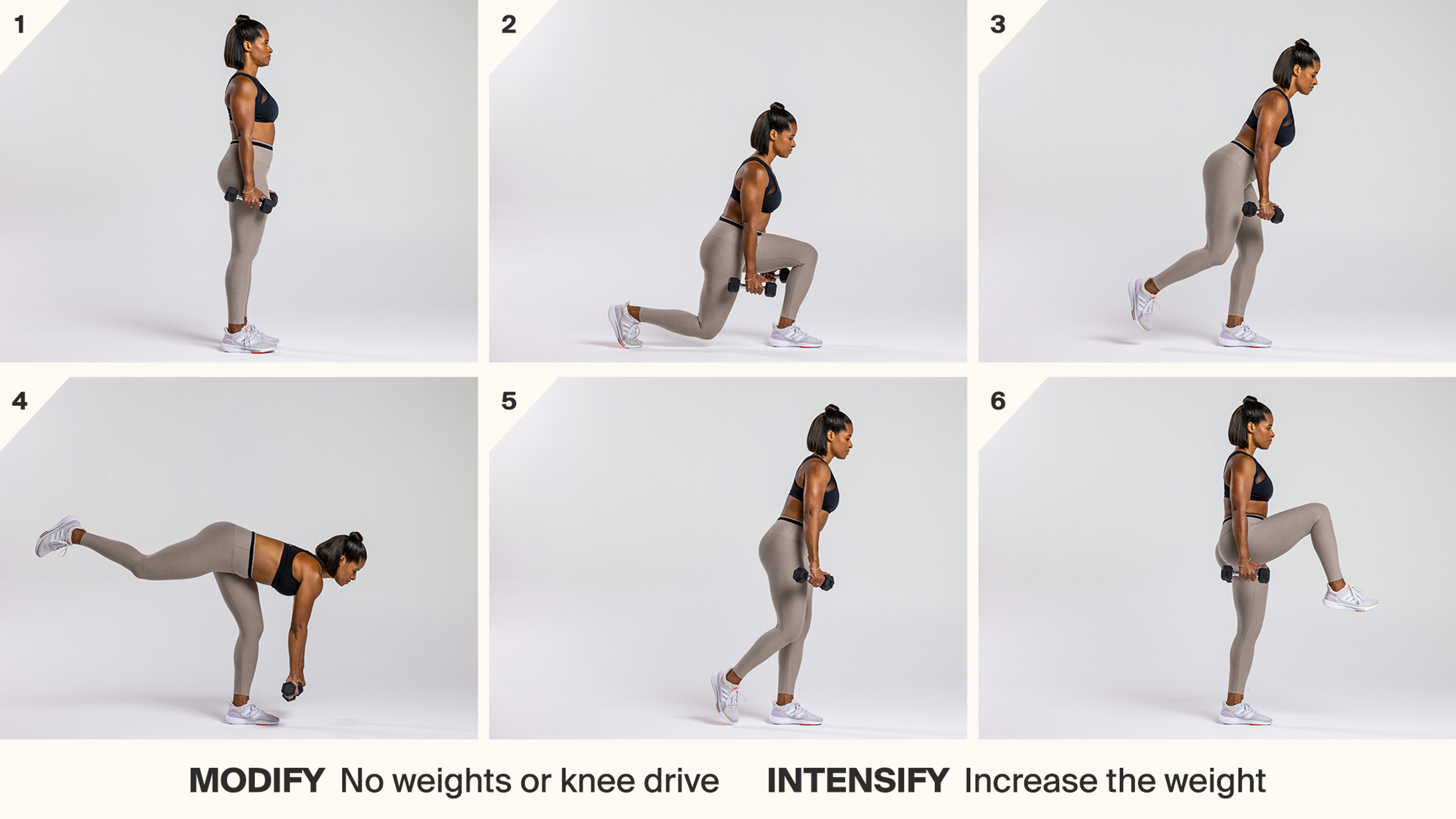 Centr trainer Ingrid Clay demonstrates the reverse lunge + Romanian deadlift + knee drive functional exercise in a tiled image.