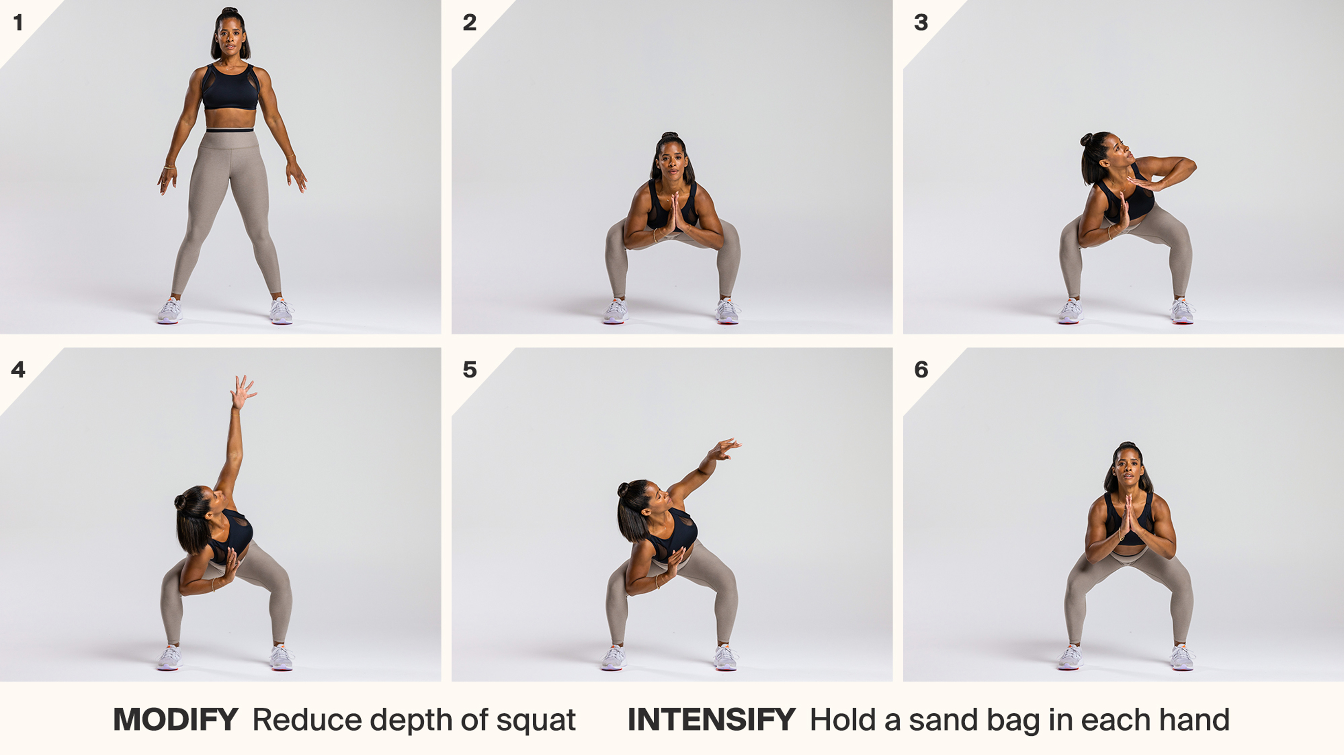 Centr trainer Ingrid Clay demonstrates the prayer squat rotation functional exercise in a tiled image.