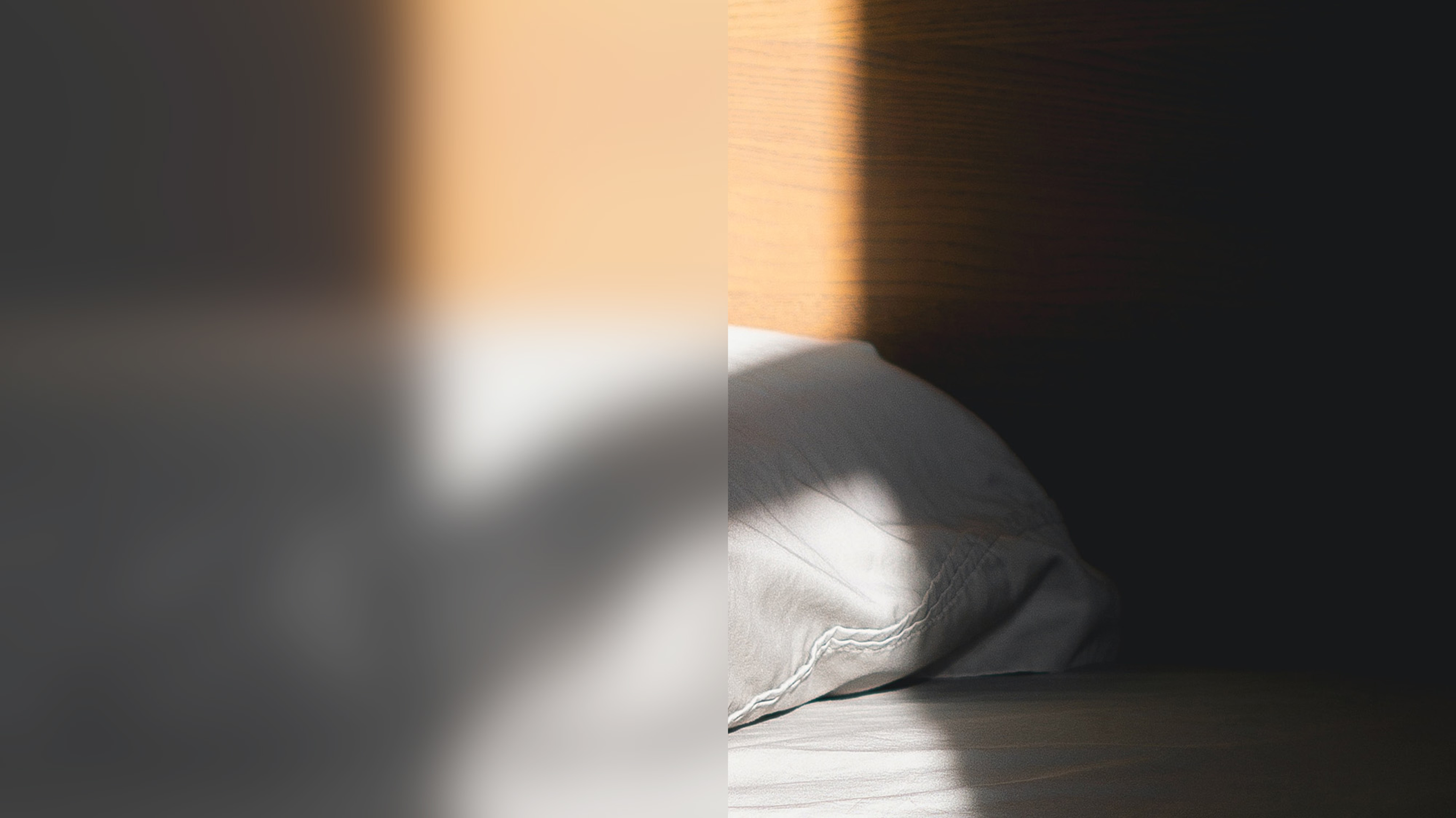 A pillow on a bed bathed in sunlight.