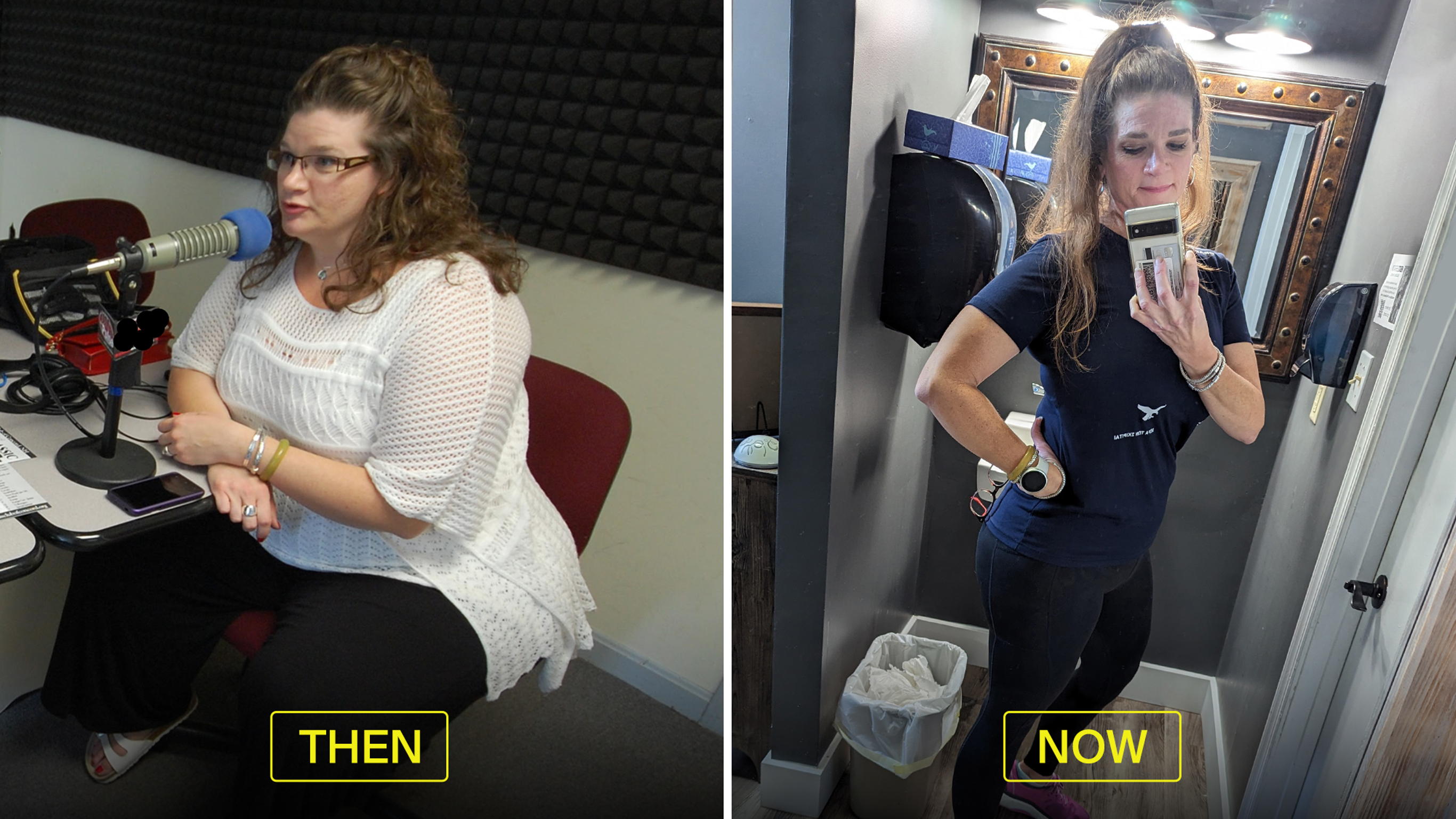 Centr member Christine poses in before and after photos, showing her Centr transformation.