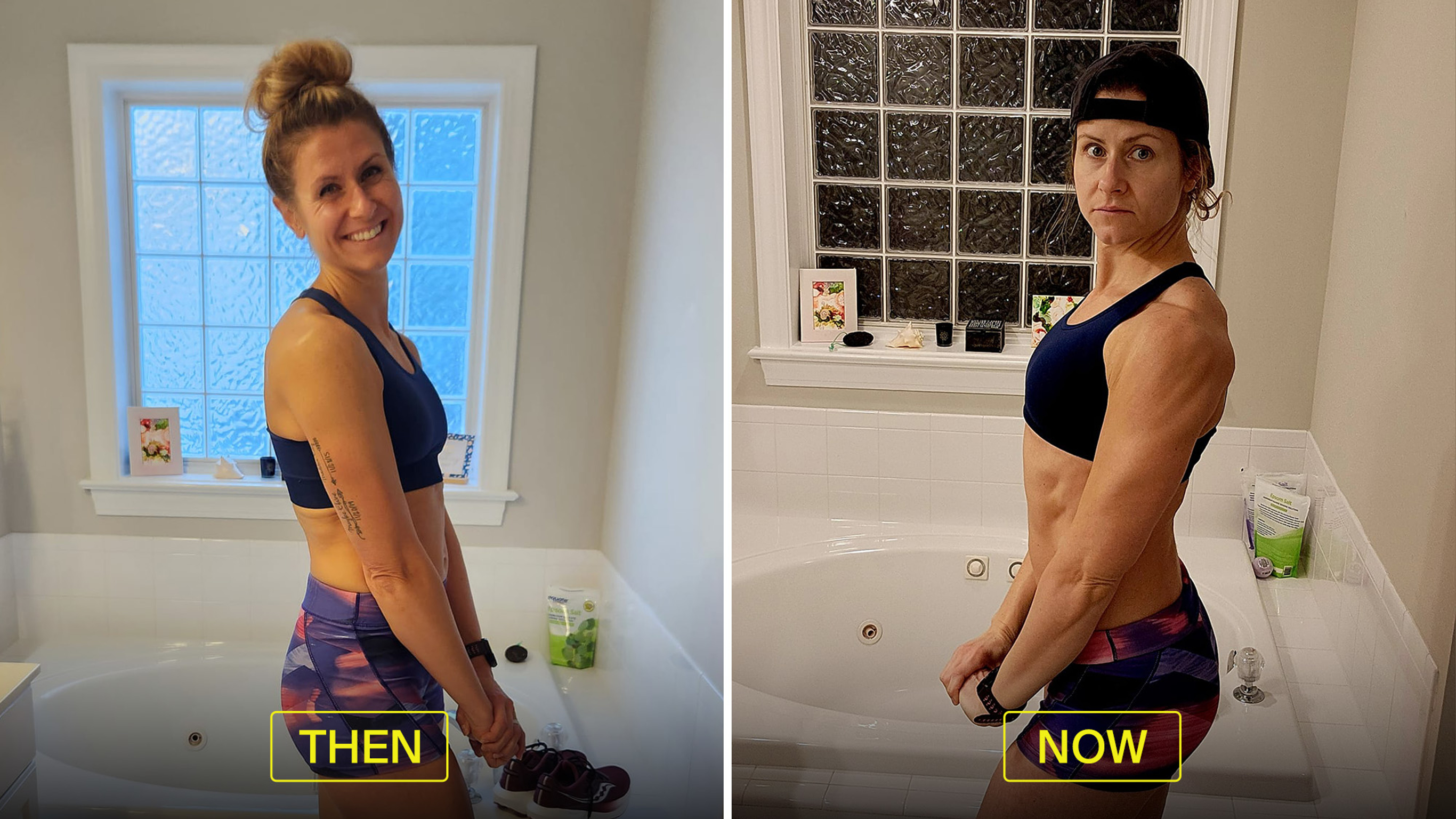 Centr member Jordan poses in before and after photos, showing her Centr transformation.