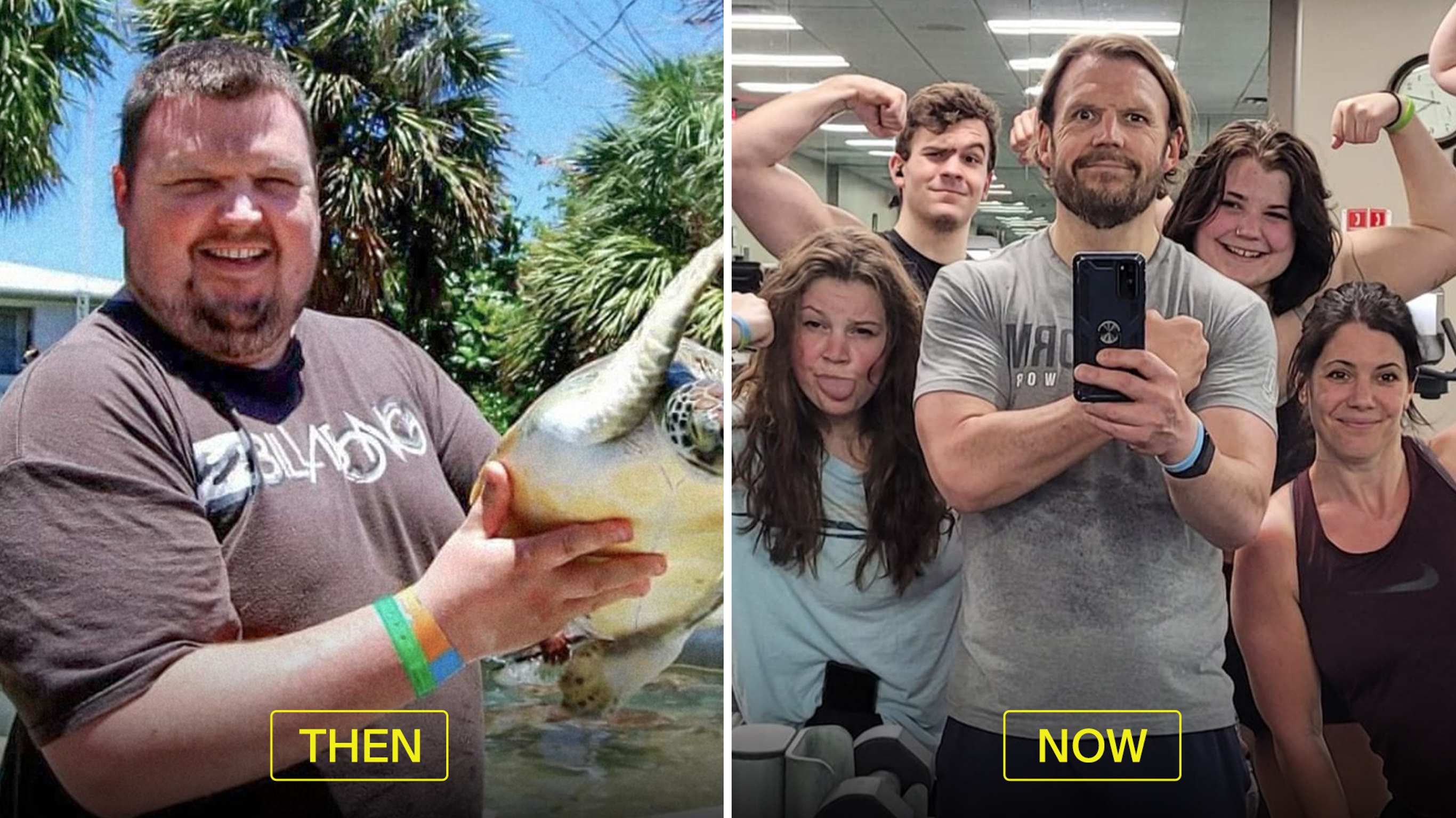 Centr member Eric poses in before and after photos, showing her Centr transformation.