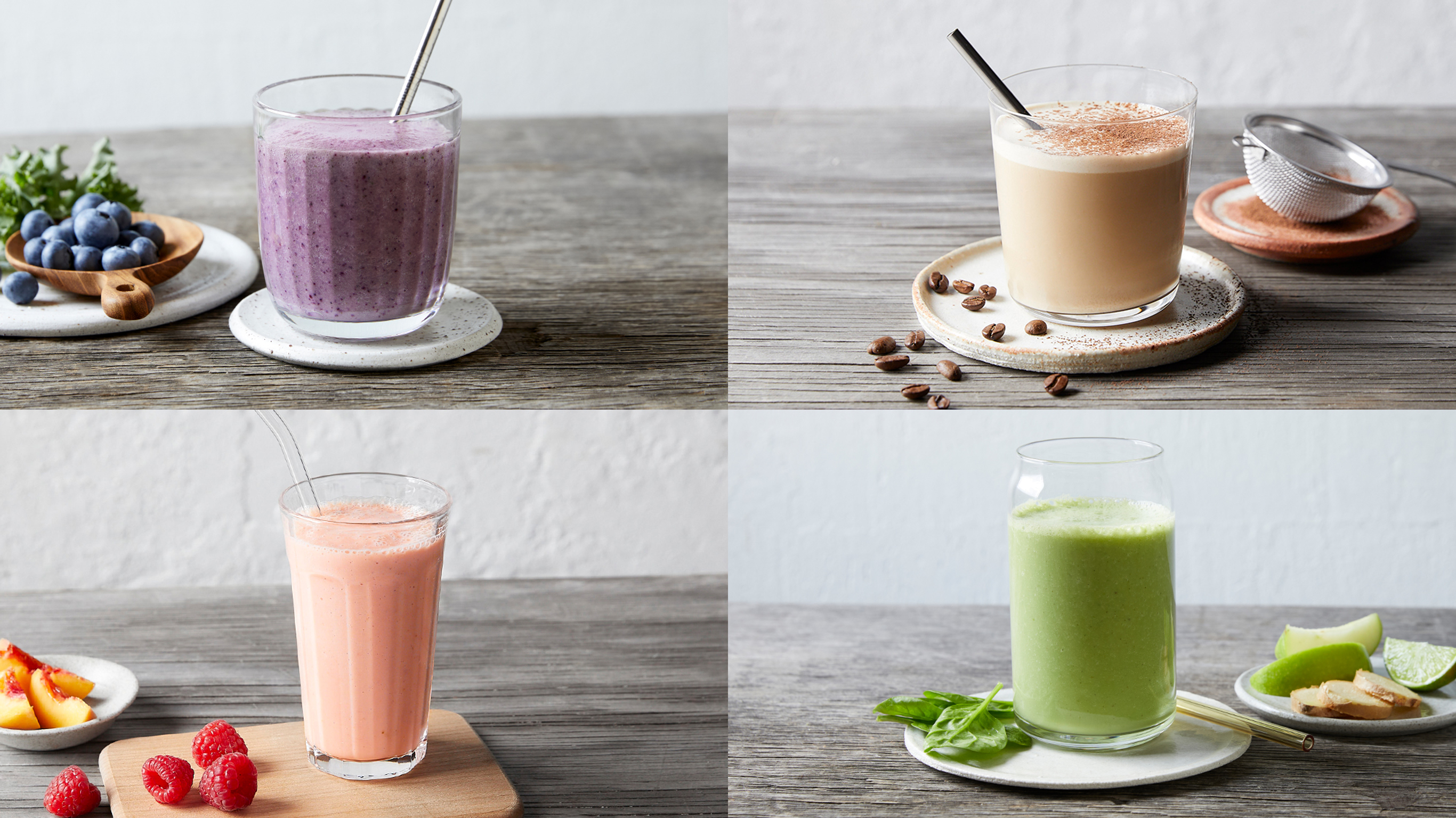 A montage of 4 popular Centr smoothies that are high in protein.