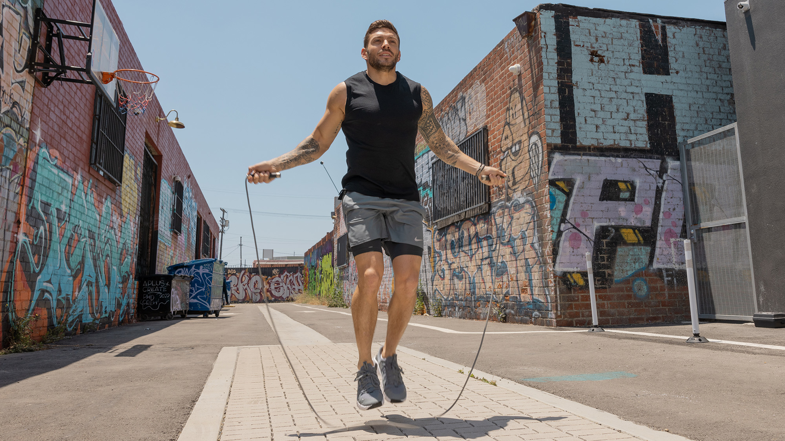 Centr trainer Luke Zocchi skips rope on the spot.