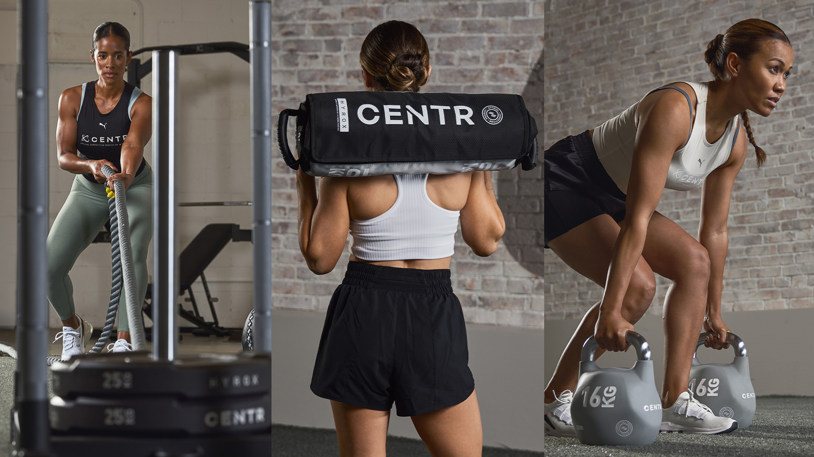 A triptych showcasing the new Centr x Hyrox equipment.