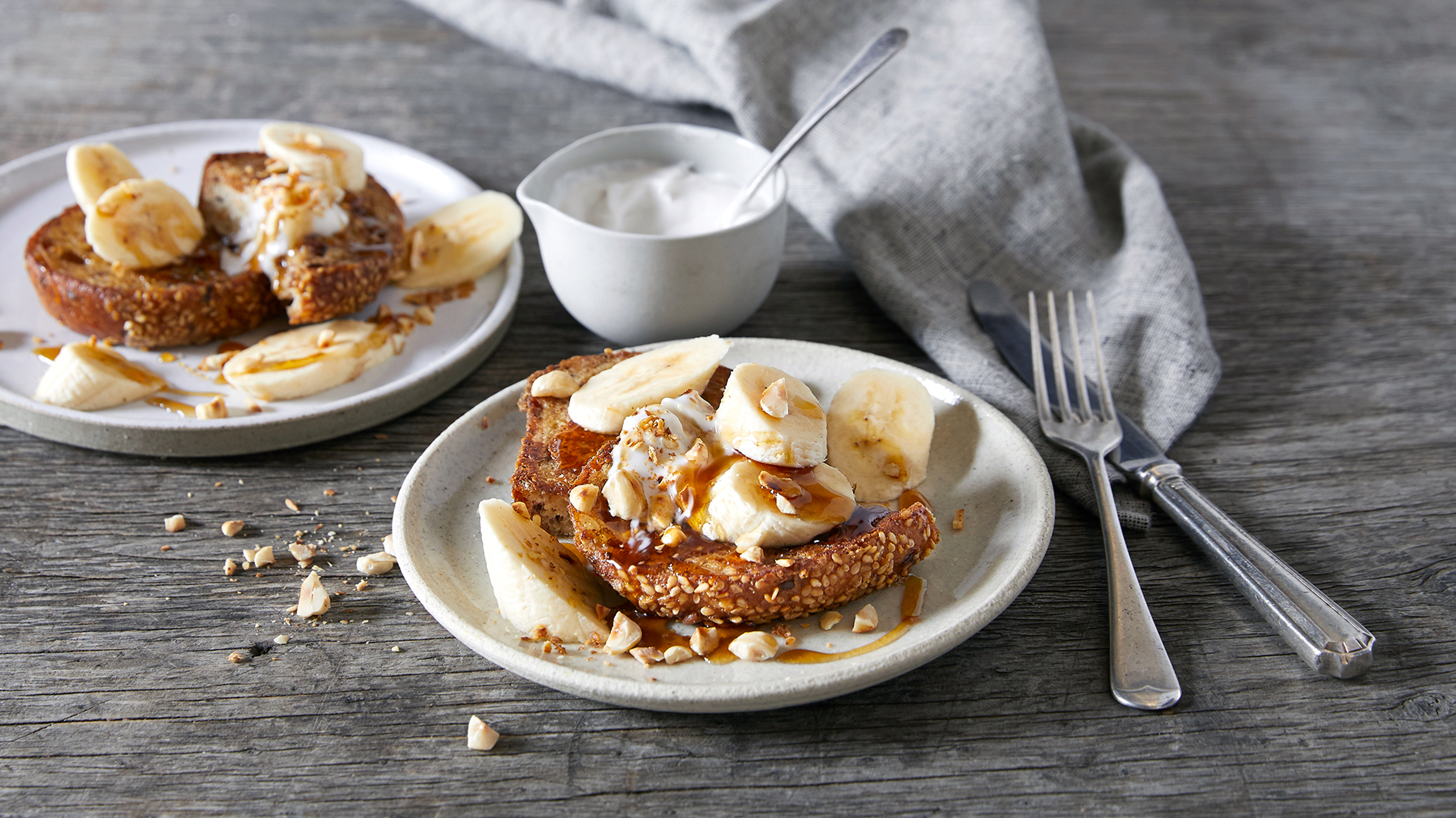 A serving of French Toast with Banana & Hazelnuts from the Centr recipe library.