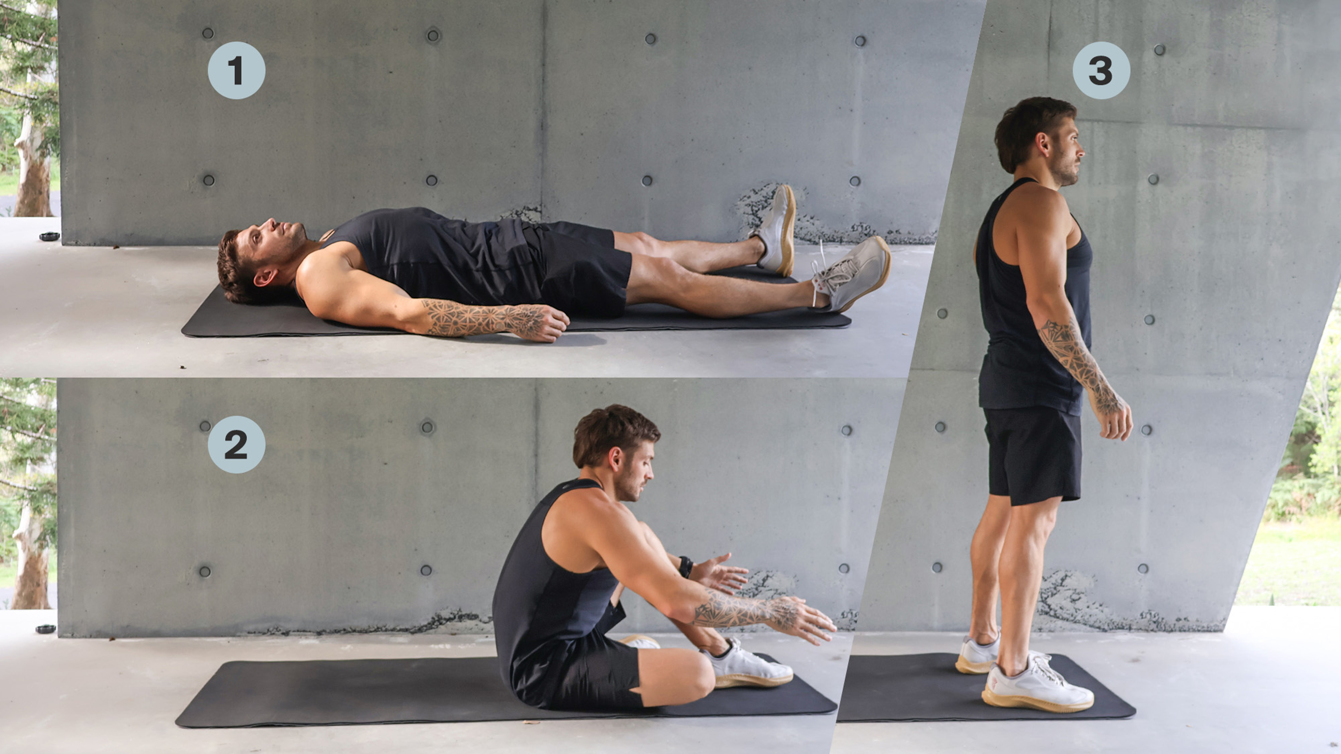 A series of three photos of Centr trainer Luke Zocchi demonstrating the sit-to-stand exercise.