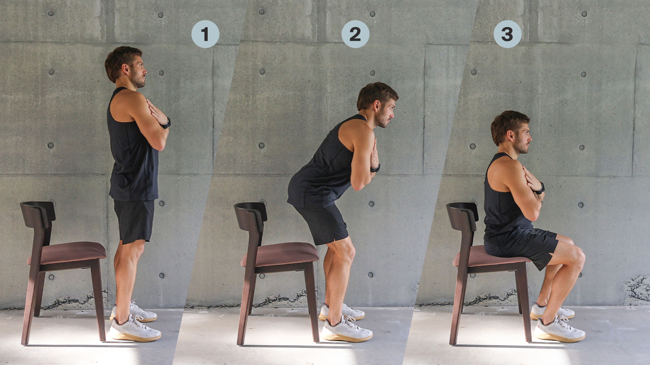 A series of three photos of Centr trainer Luke Zocchi demonstrating the 30-second power test, rising from and sitting down on a chair.