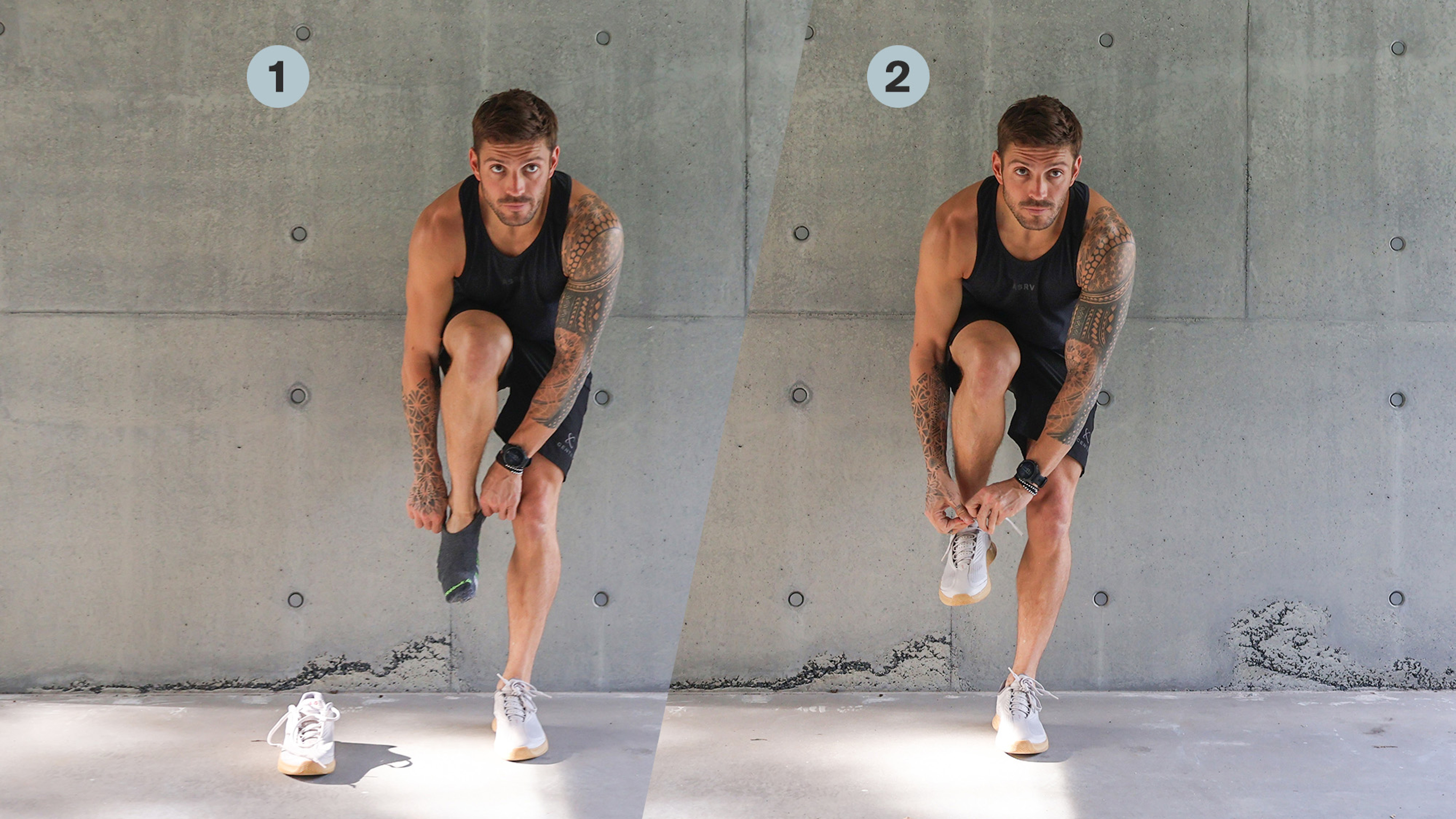 A pair of photos of Luke Zocchi looking straight ahead as he balances on one foot and puts his sock, or shoe, on the other foot.