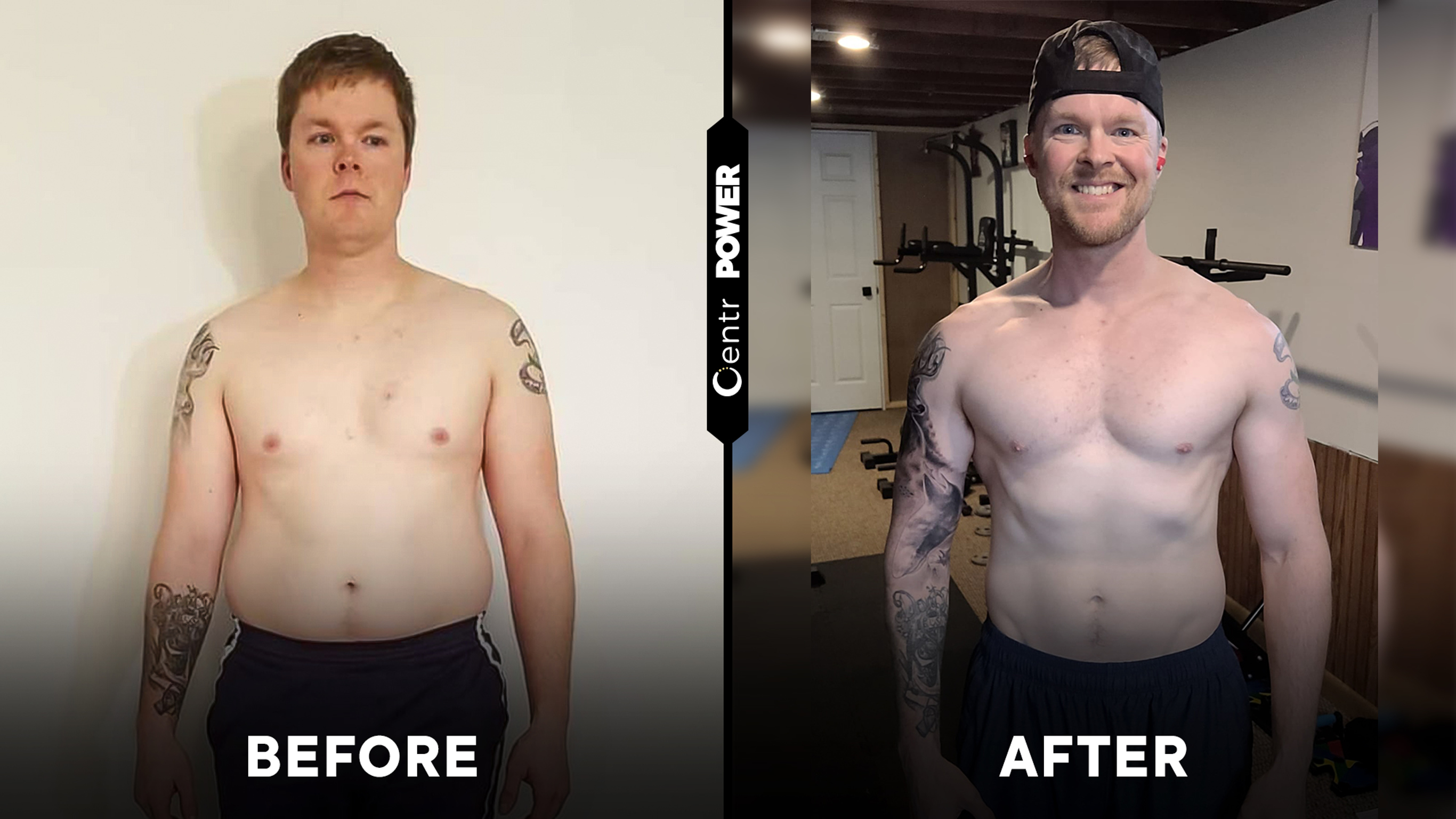 Una imagen de antes y después del miembro de Centr, Mark, que representa su viaje usando la aplicación Centr.