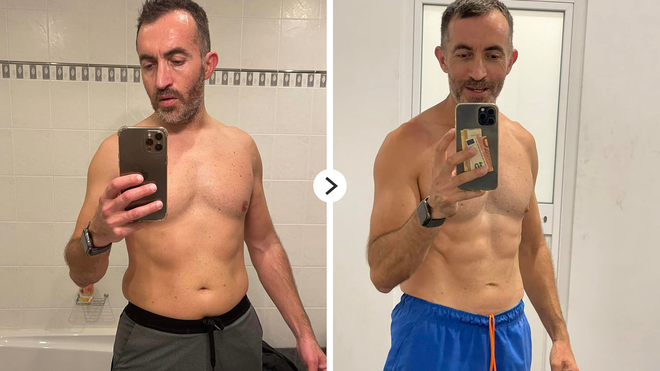 A before and after image of Centr Legend David showcasing the results of him competing 28 Days of Core three times through.